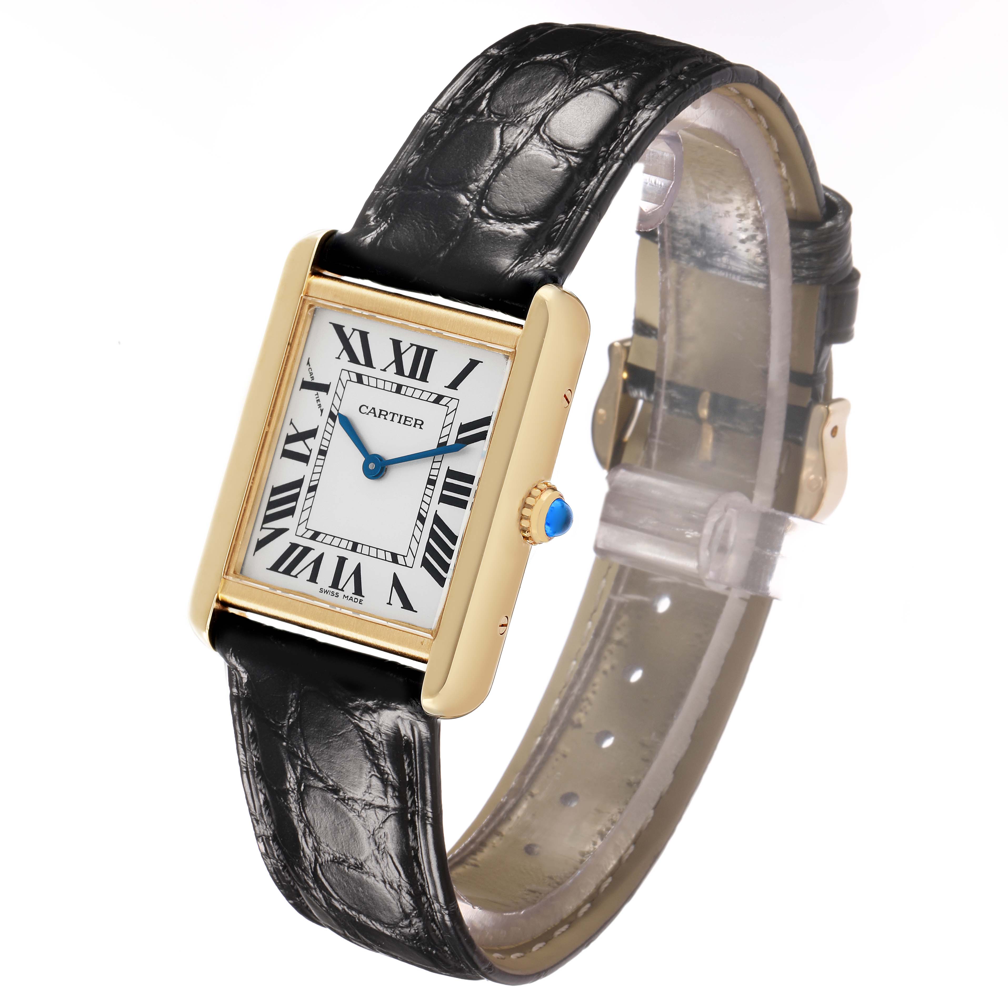 The Cartier Tank Solo W5200002 Women's Steel and Gold (two tone) Silver Dial watch is shown at an angle displaying its gold case, white dial with Roman numerals, and black leather strap.