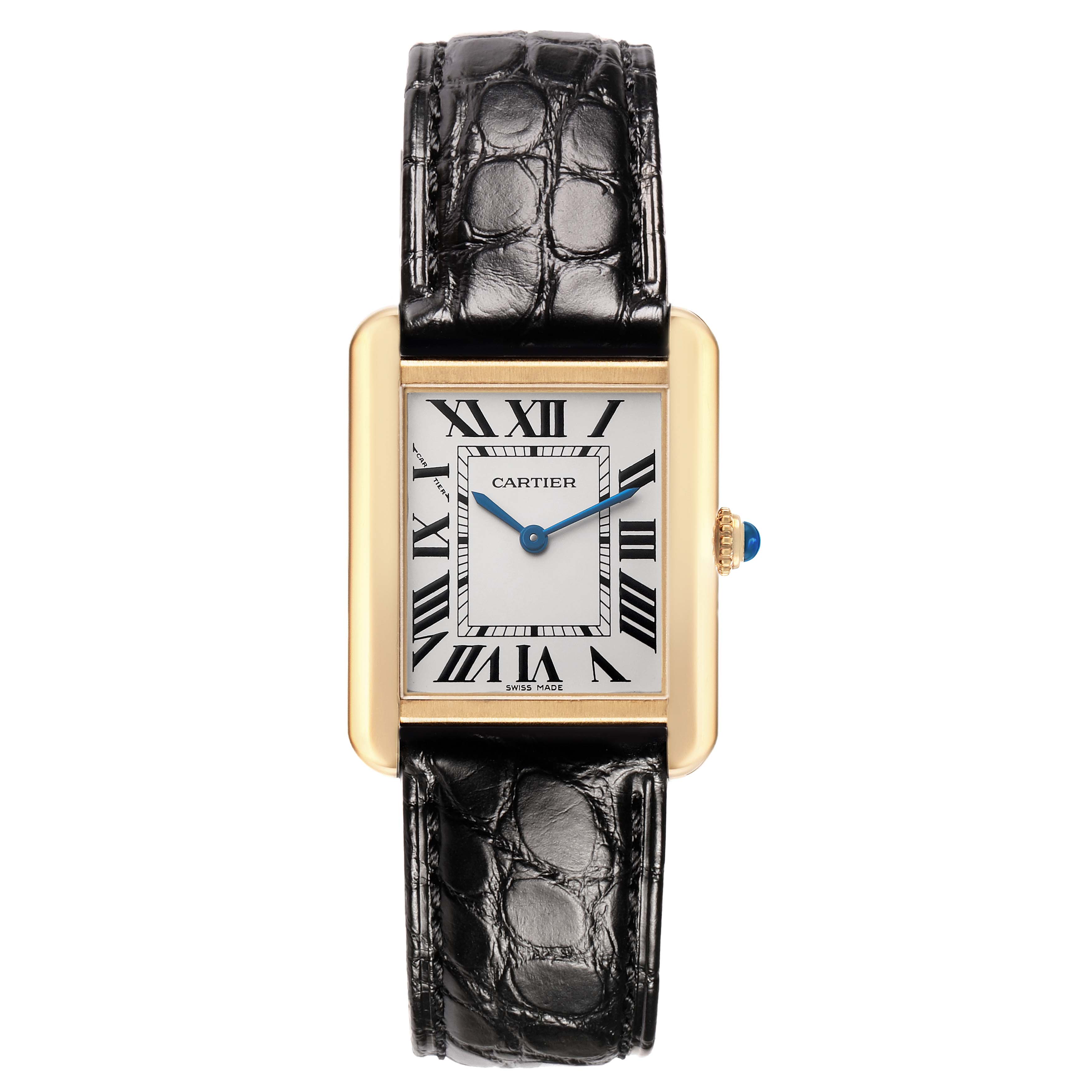 The Cartier Tank Solo W5200002 Women's Steel and Gold (two tone) Silver Dial watch is shown from a top-down angle, displaying its rectangular face, Roman numerals, and black leather strap.