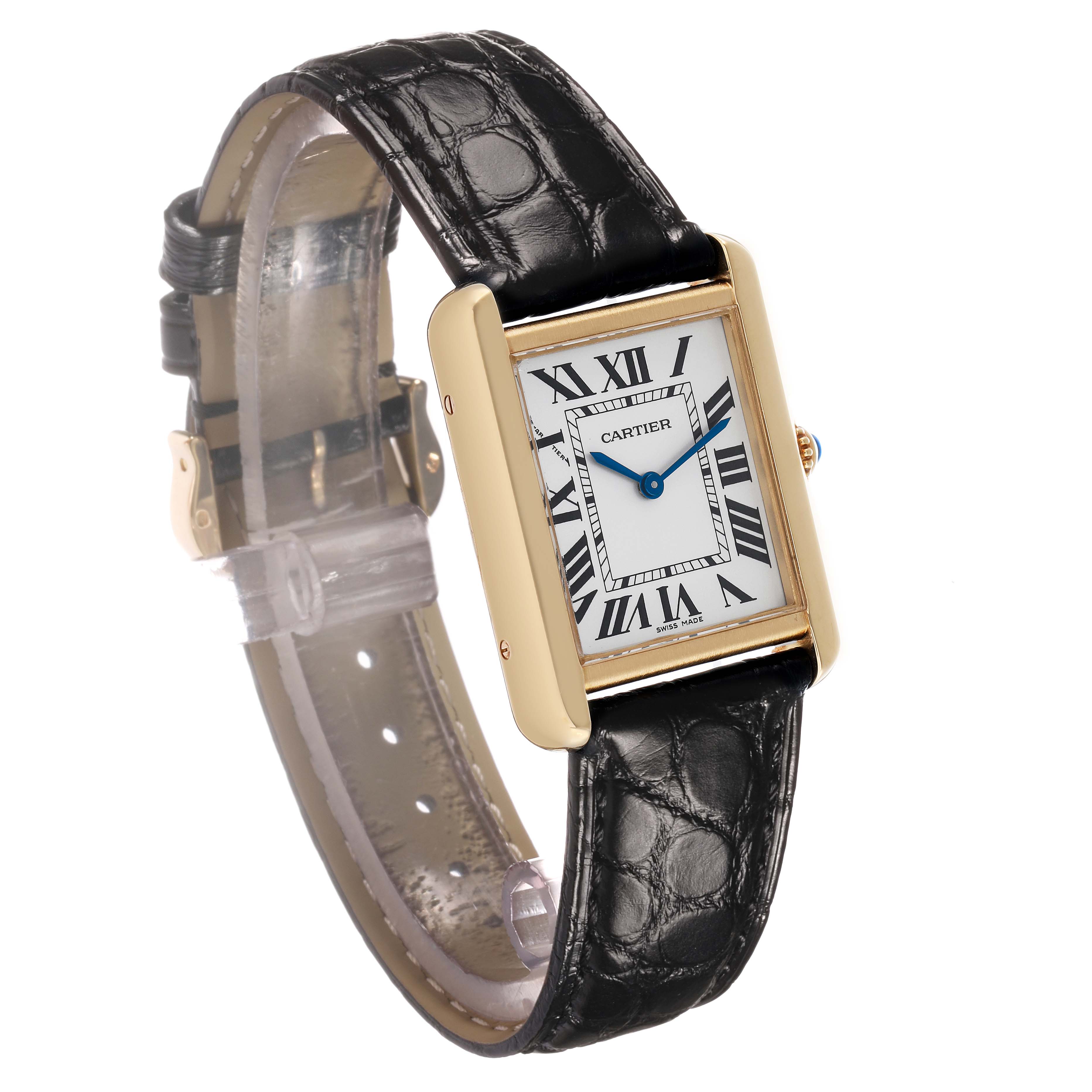 The Cartier Tank Solo W5200002 Women's Steel and Gold (two tone) Silver Dial watch is shown at a tilted angle, highlighting the face, black leather strap, and gold casing.