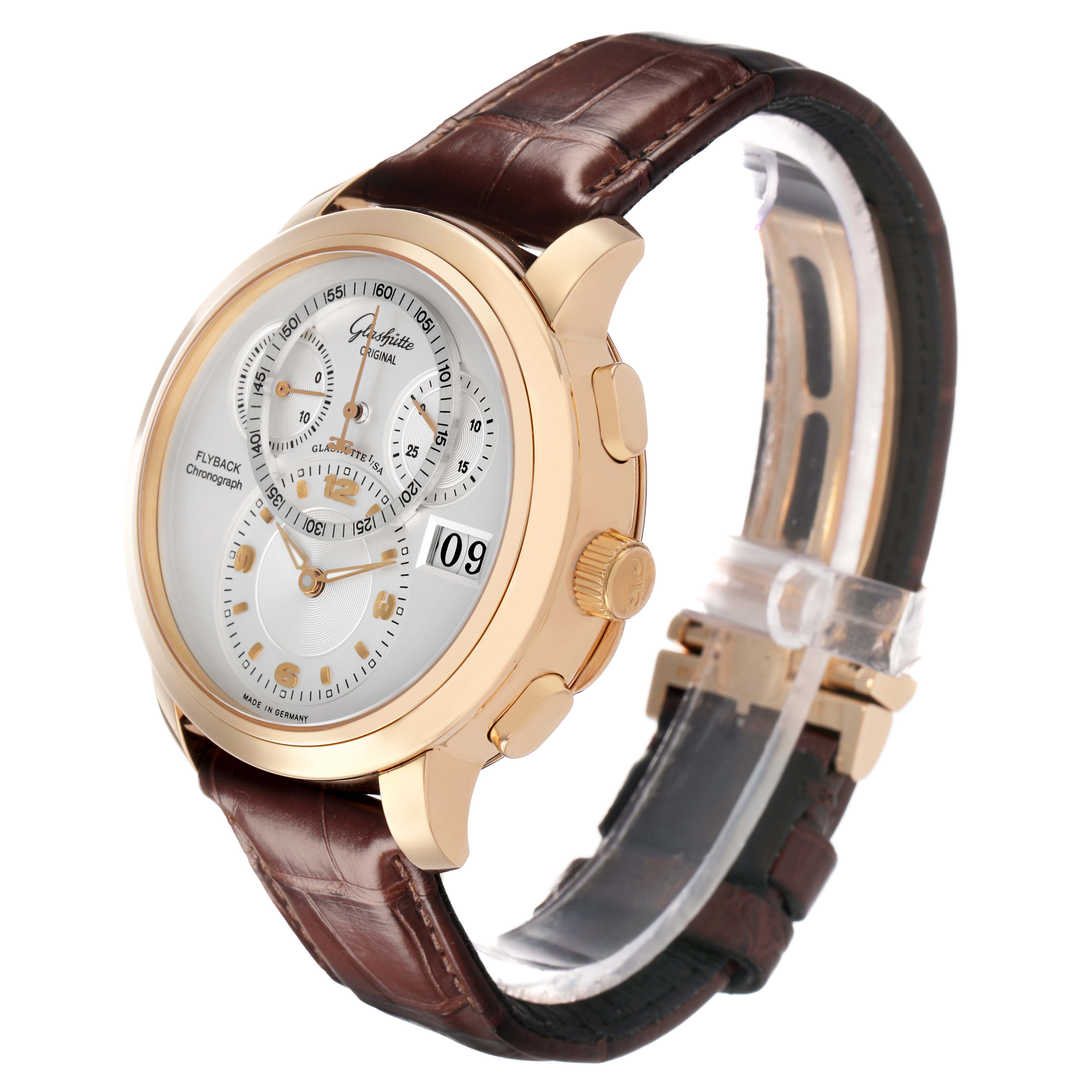 The Glashütte Original watch is shown from a three-quarter side angle, highlighting the face, crown, and brown leather strap.