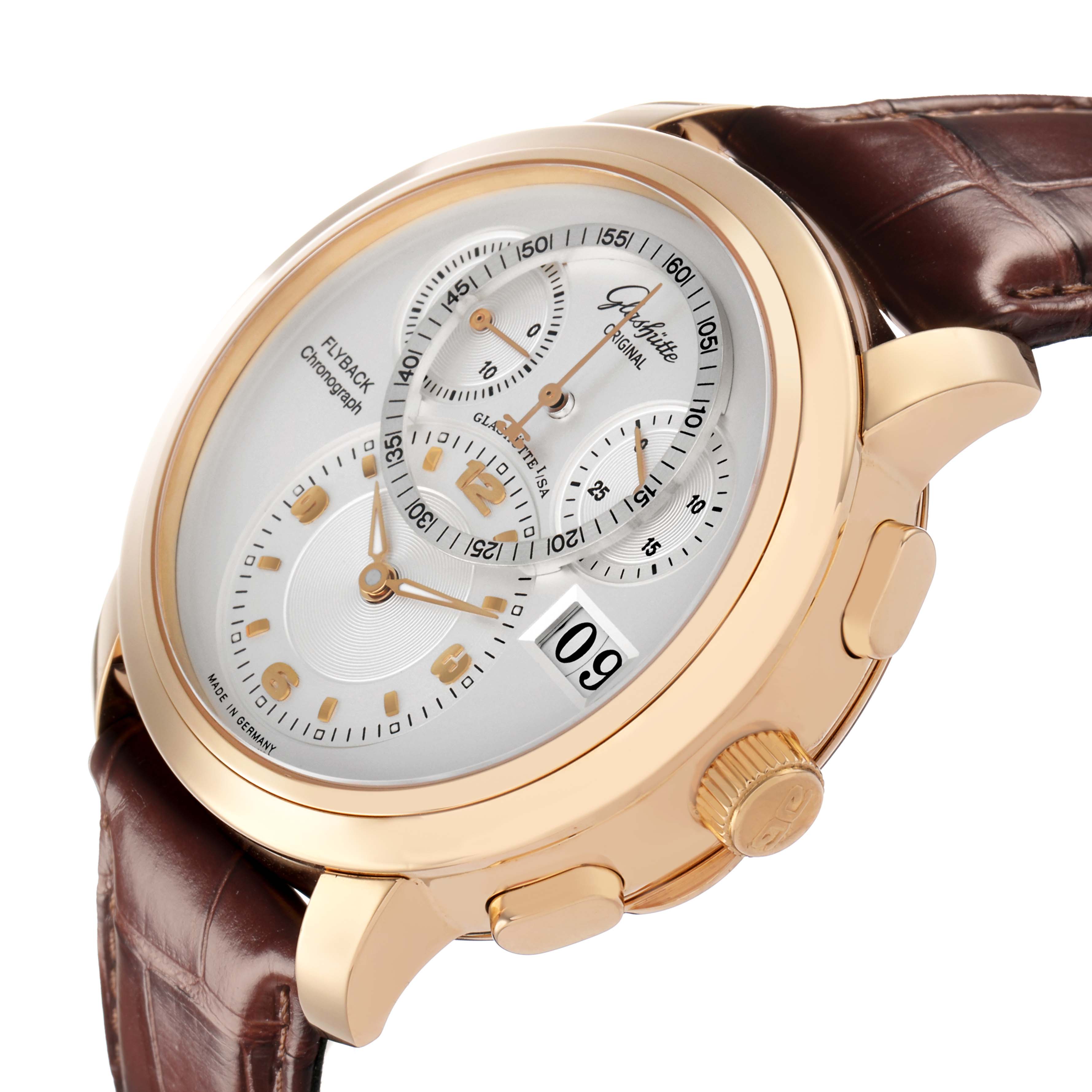 The Glashütte Original watch is shown at an angle highlighting its dial, chronograph subdials, and side crown.