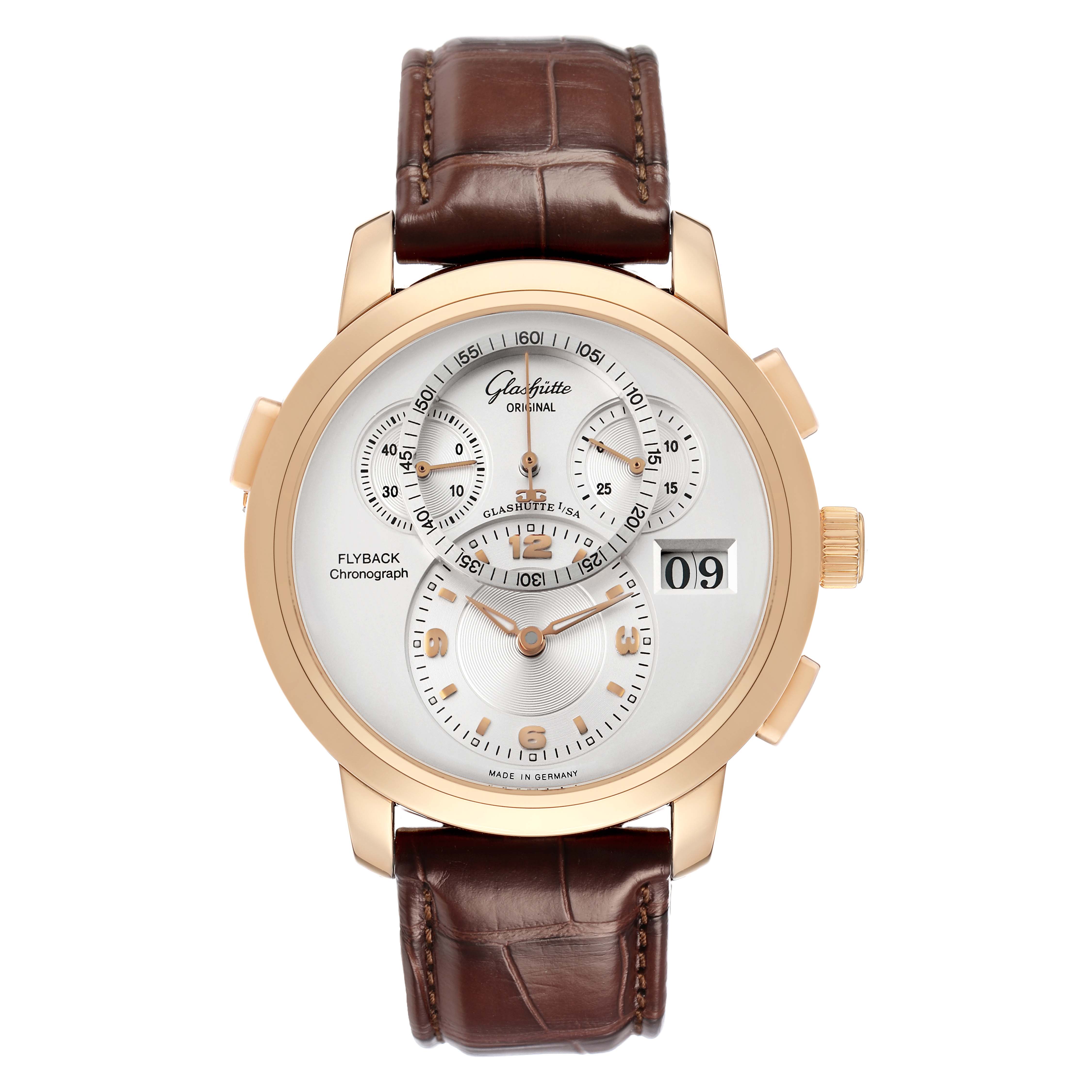 The Glashütte Original model is shown from a front angle, highlighting its dial, subdials, leather strap, and date window.