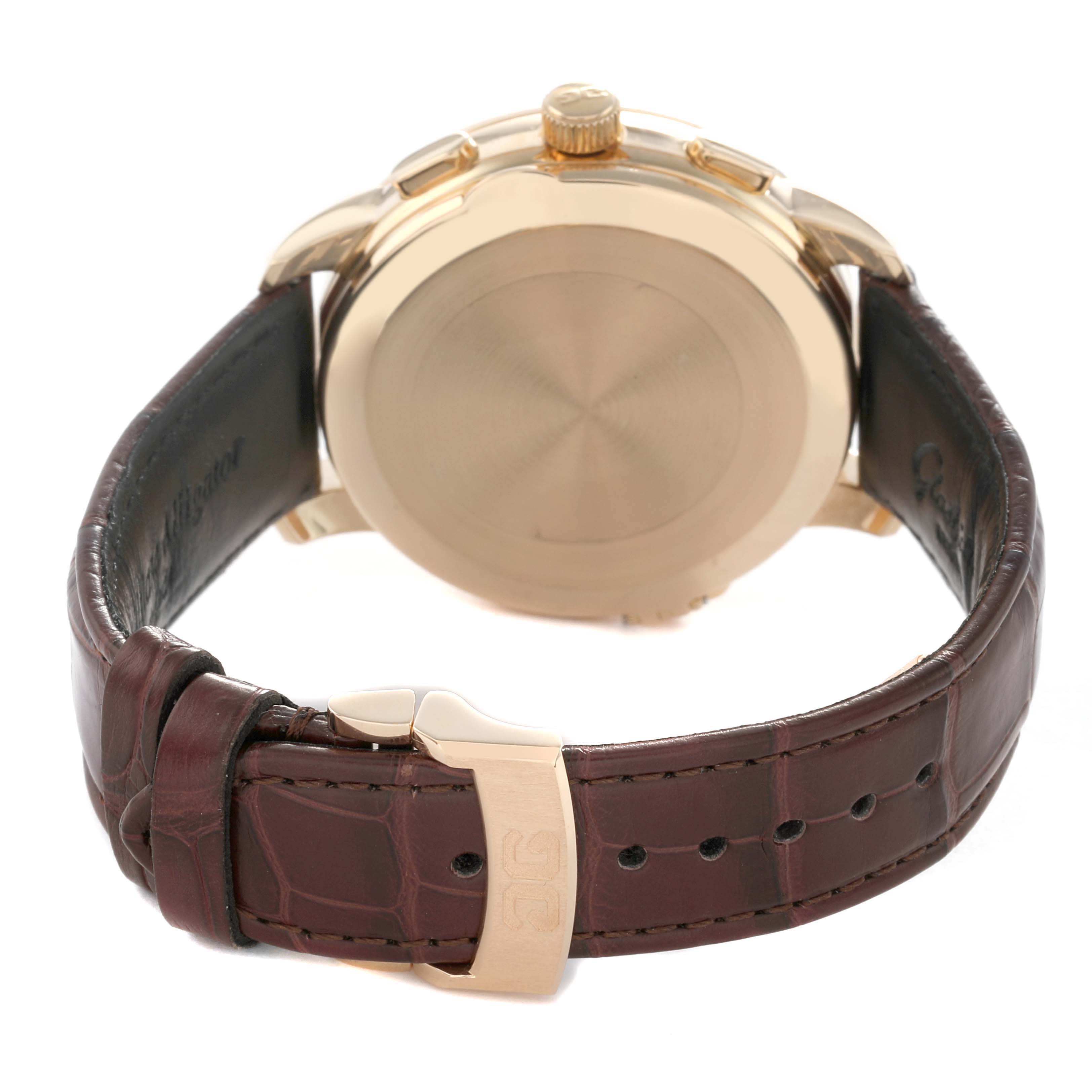 The image shows the back and buckle of a Glashütte Original watch, highlighting the brown leather strap and gold clasp.