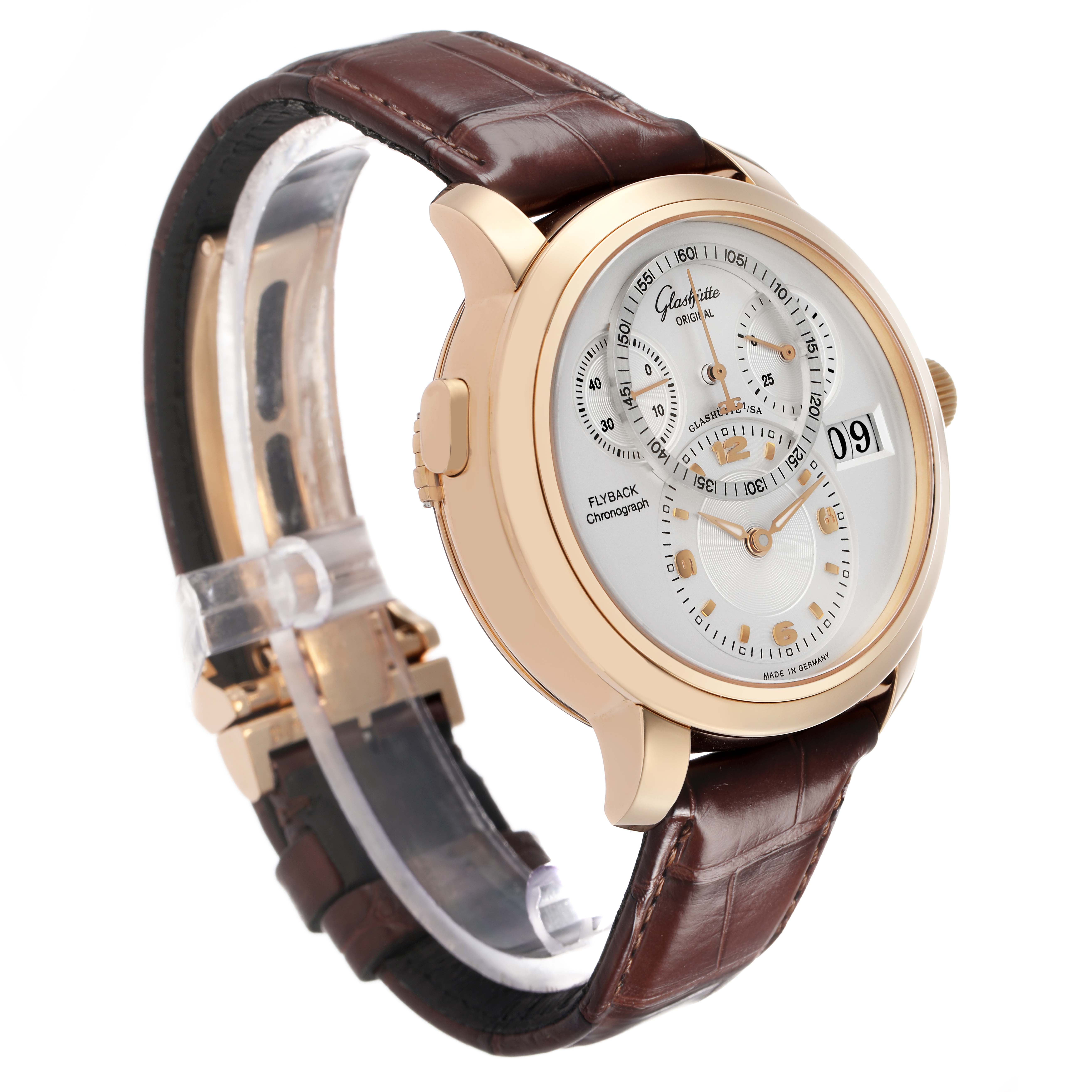 The Glashütte Original model is shown at a three-quarter angle, highlighting its dial, case, and brown leather strap.
