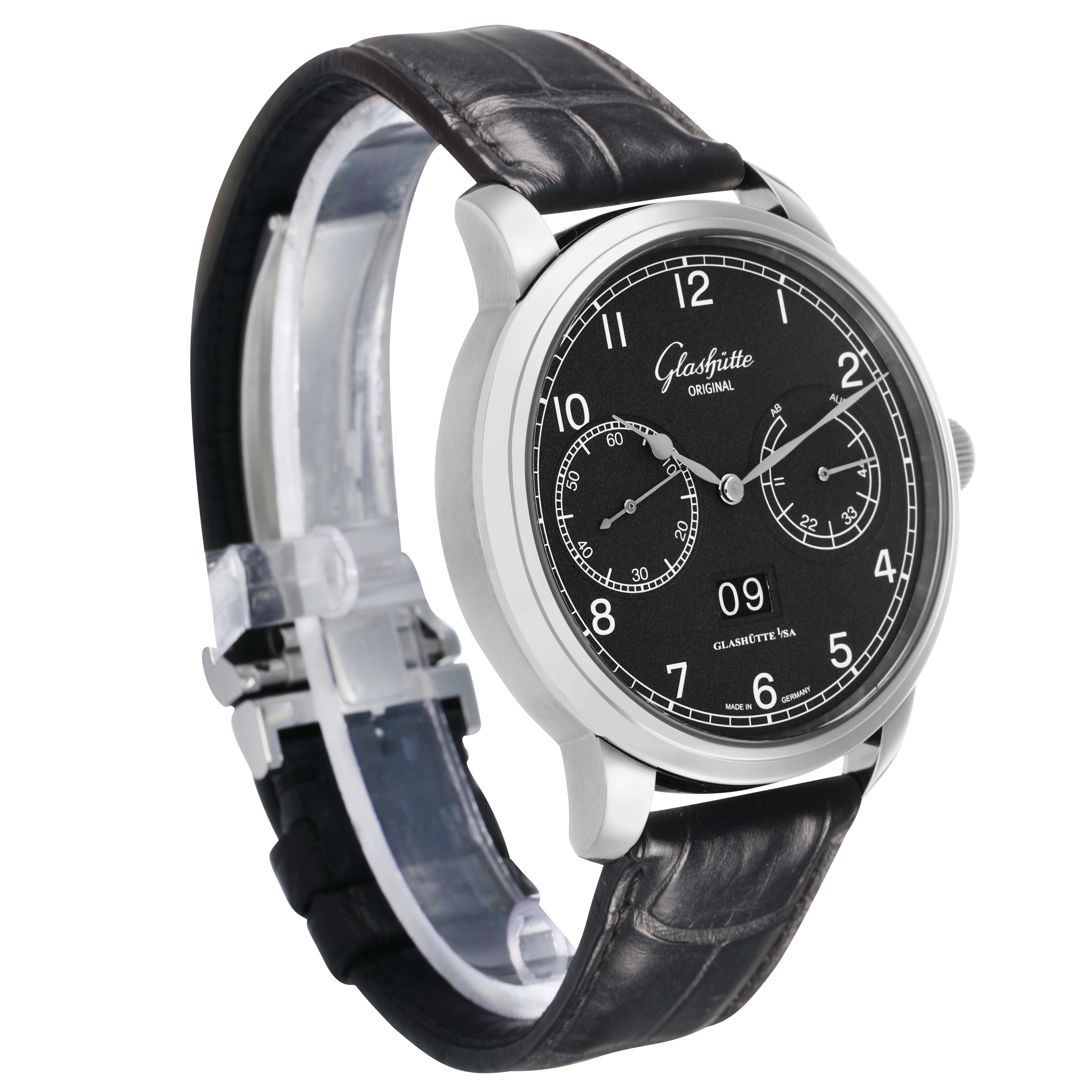 The Glashütte Senator watch is shown at a slight left-side angle, displaying the black dial, white numerals, and leather strap.