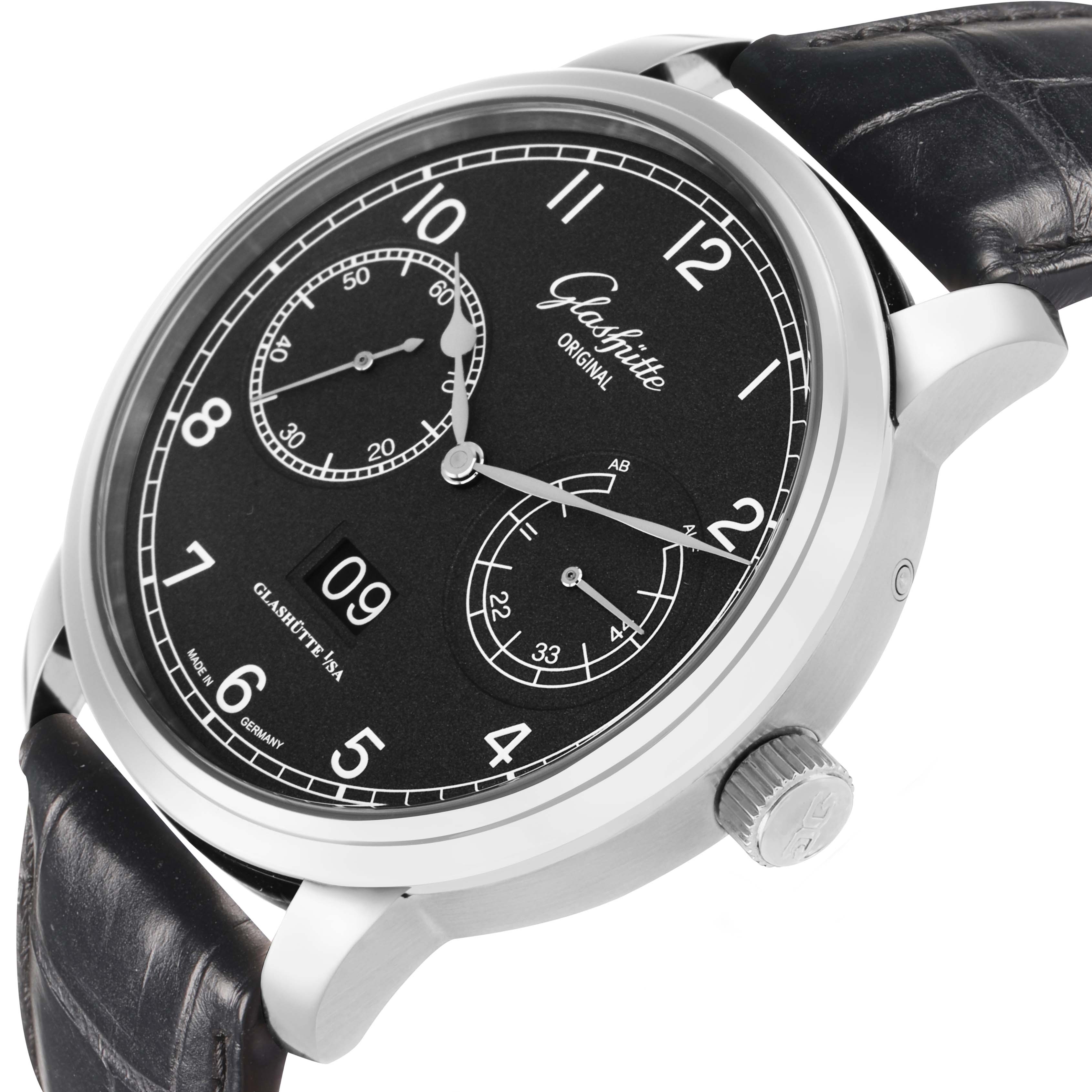 The Glashütte Senator model watch is shown at a slight angle highlighting the black dial, numerals, subdials, case, and crown.