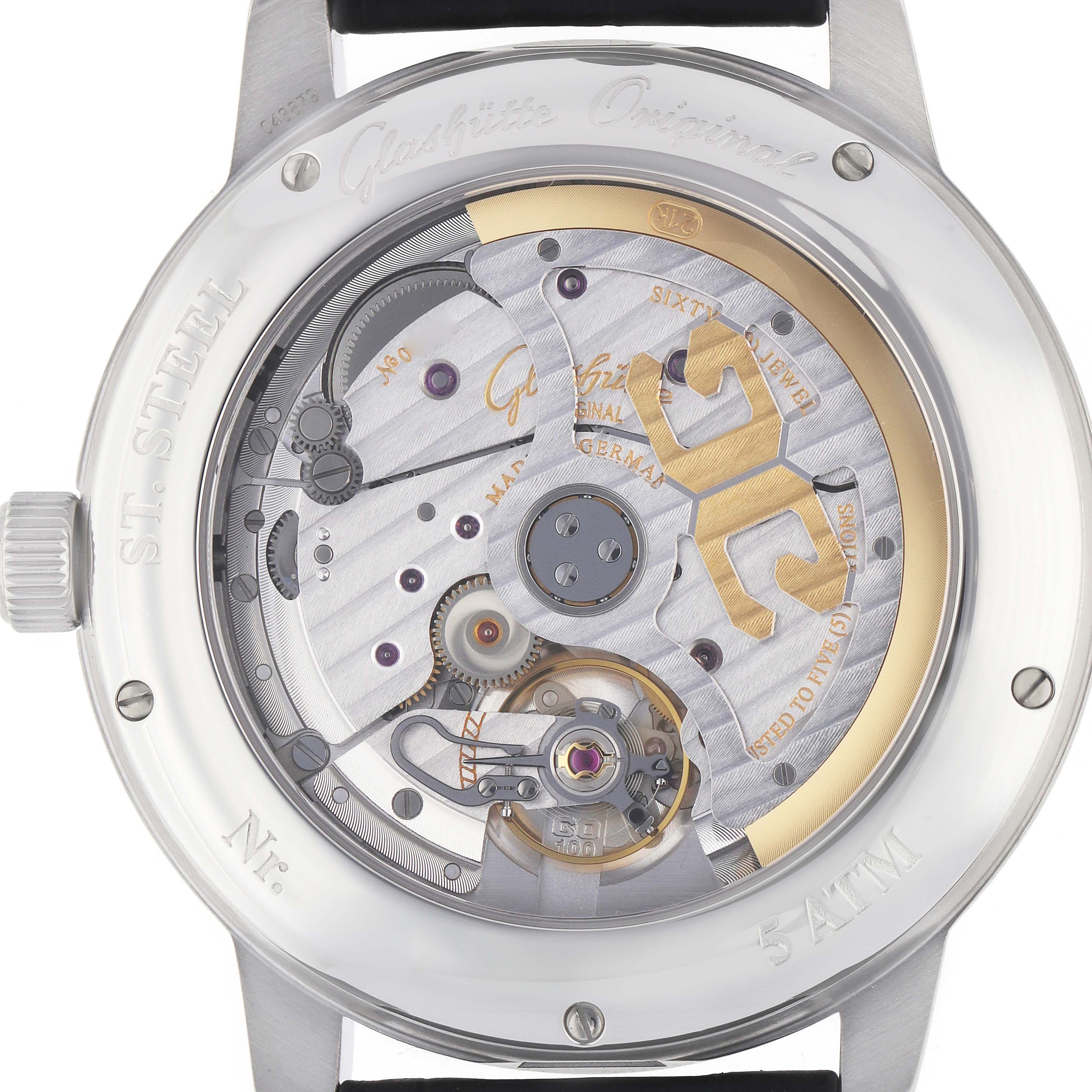 The image shows the intricate movement and mechanics from the back of a Glashütte Senator watch.