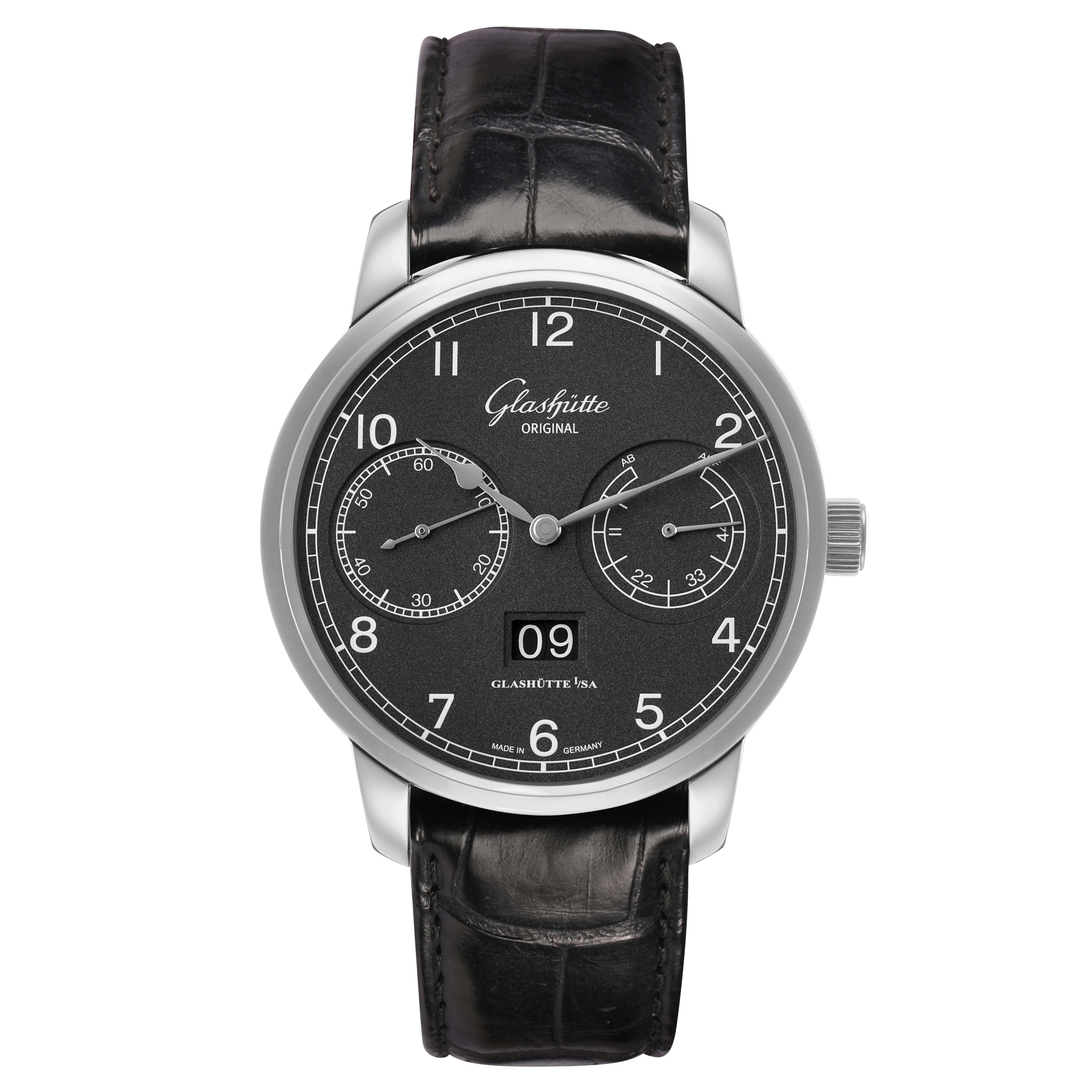 The Glashütte Senator watch is shown from a frontal angle, displaying its dial, hands, subdials, and leather strap.
