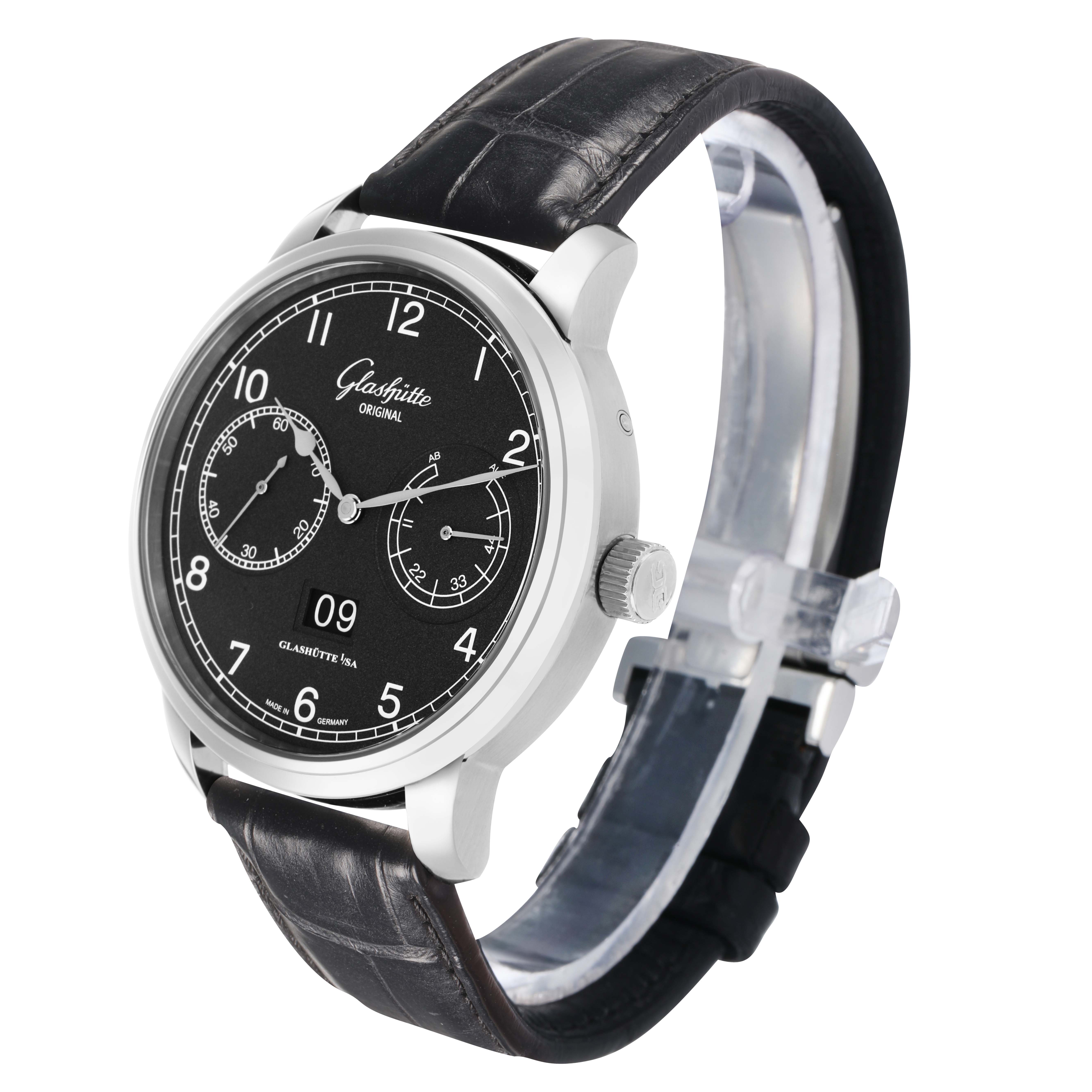 The image shows a side and front angle of the Glashütte Senator watch, highlighting its black dial and leather strap.