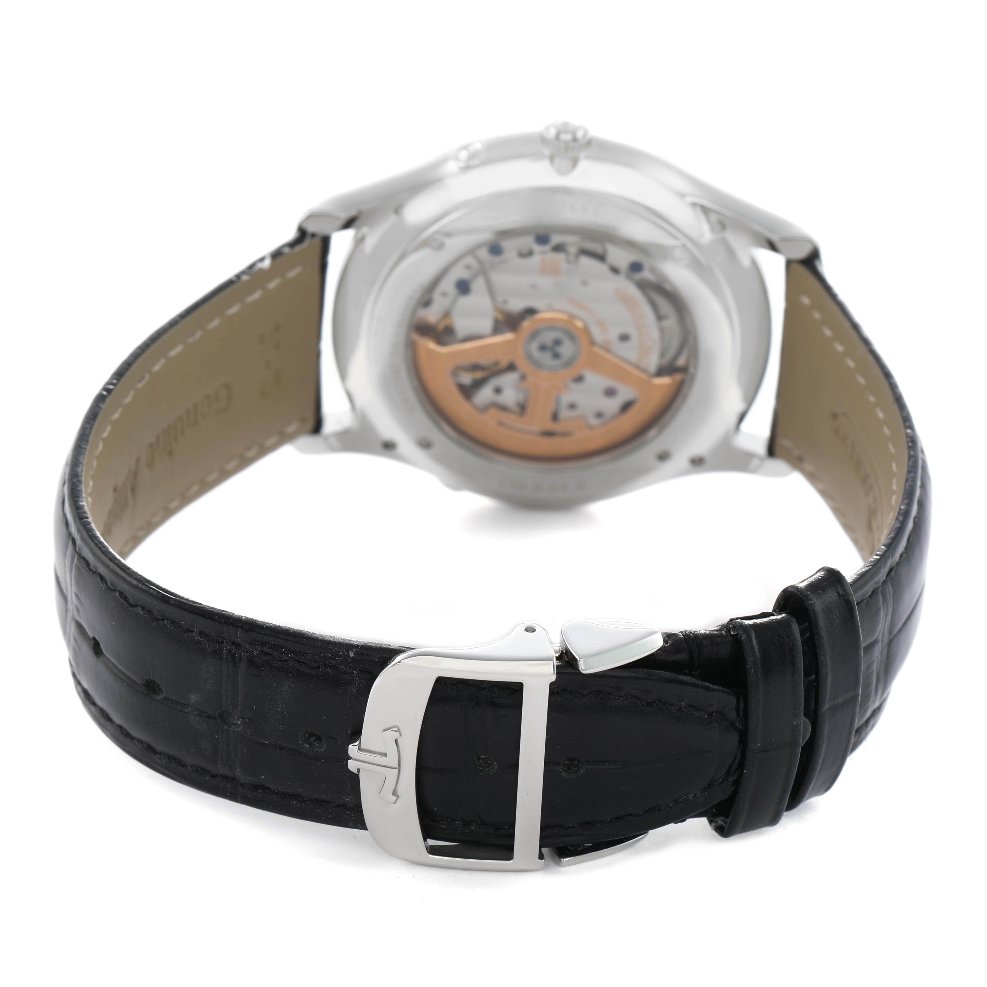 The Jaeger LeCoultre Master Q1368470 Men's Stainless Steel Black Dial model is shown from the back, highlighting the exhibition case back and the leather strap.