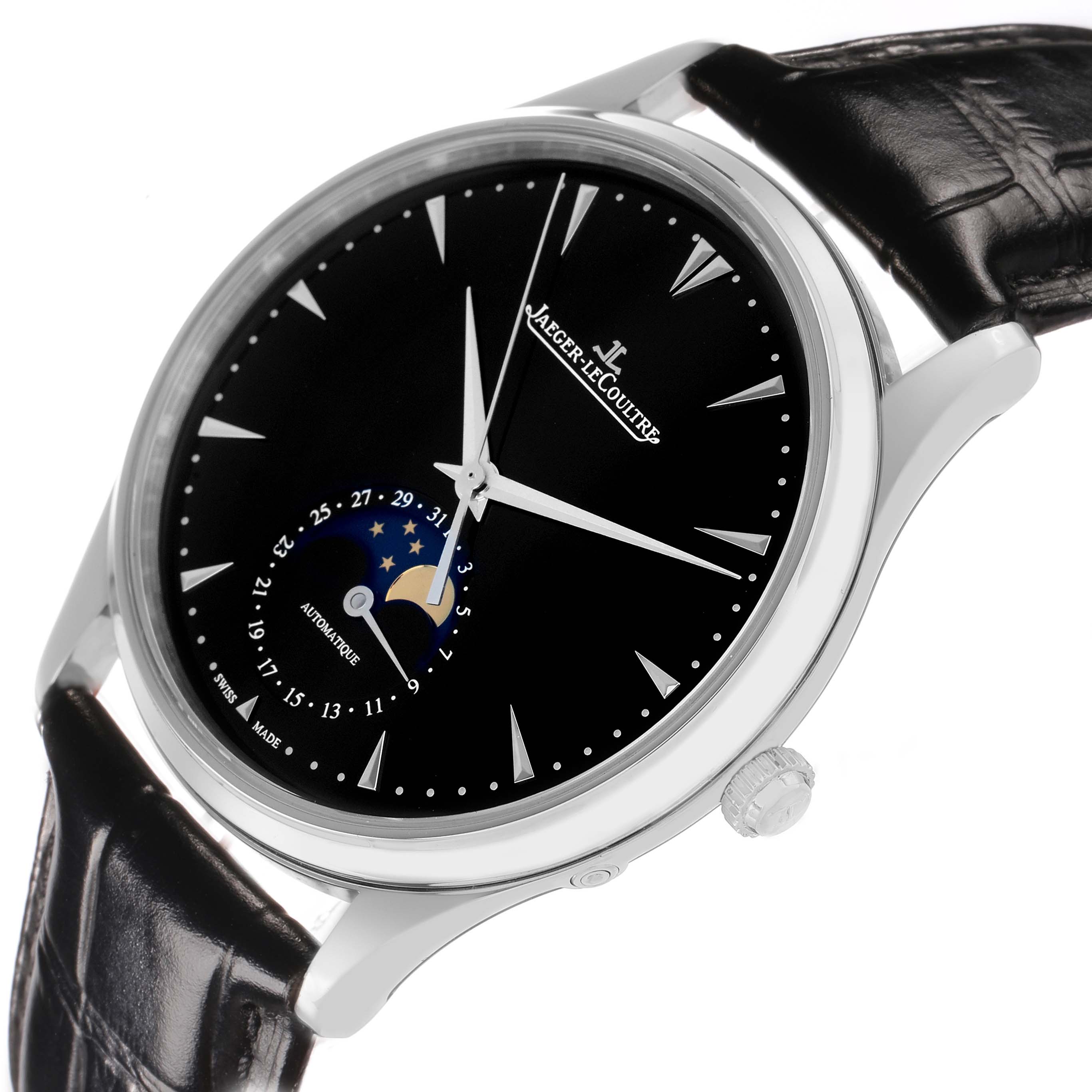 The Jaeger LeCoultre Master Q1368470 Men's Stainless Steel Black Dial watch is shown at a slight side angle, highlighting the black dial, moon phase, and leather strap.