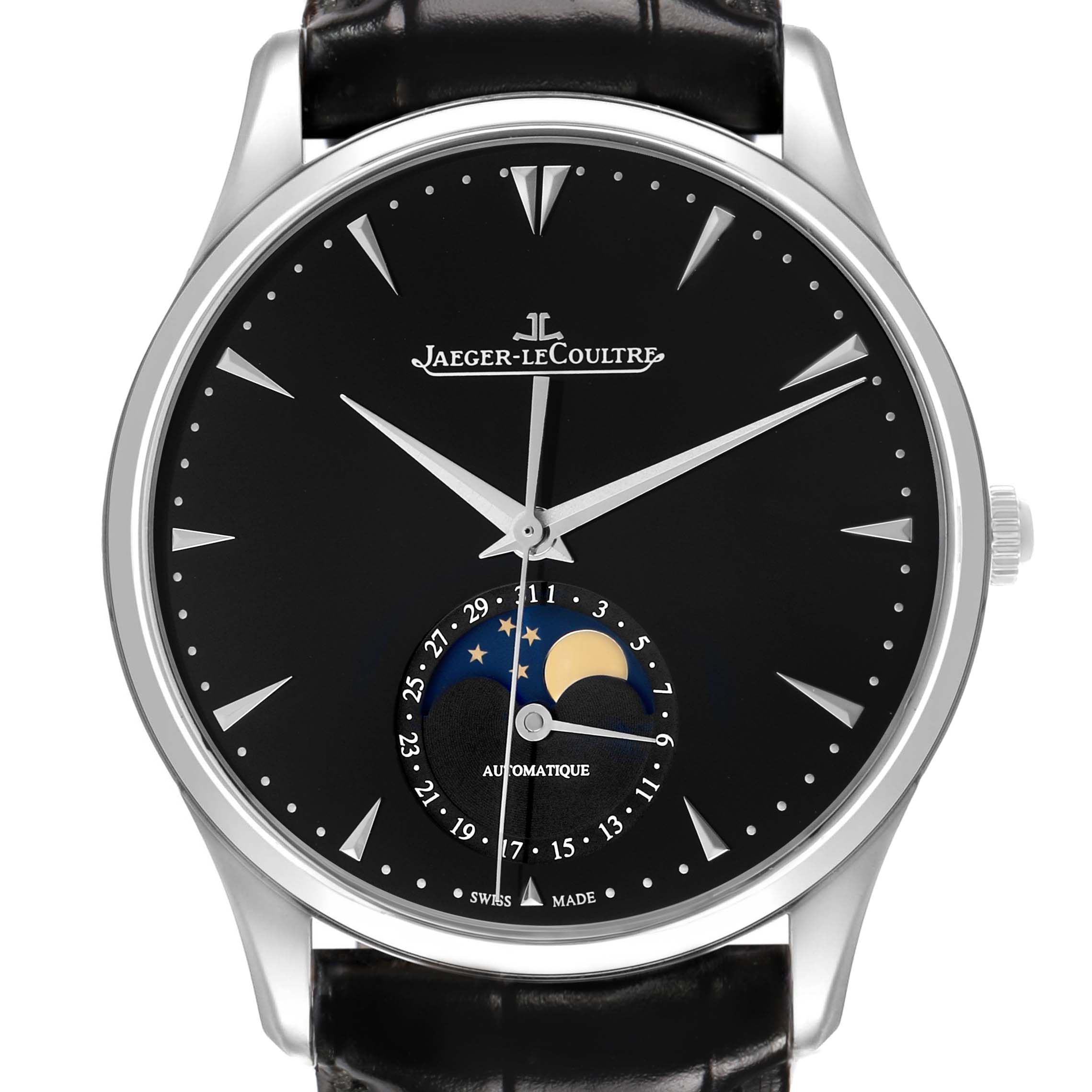 The Jaeger LeCoultre Master Q1368470 Men's Stainless Steel Black Dial watch is shown front-on, highlighting its dial, hands, moon phase, and date display.