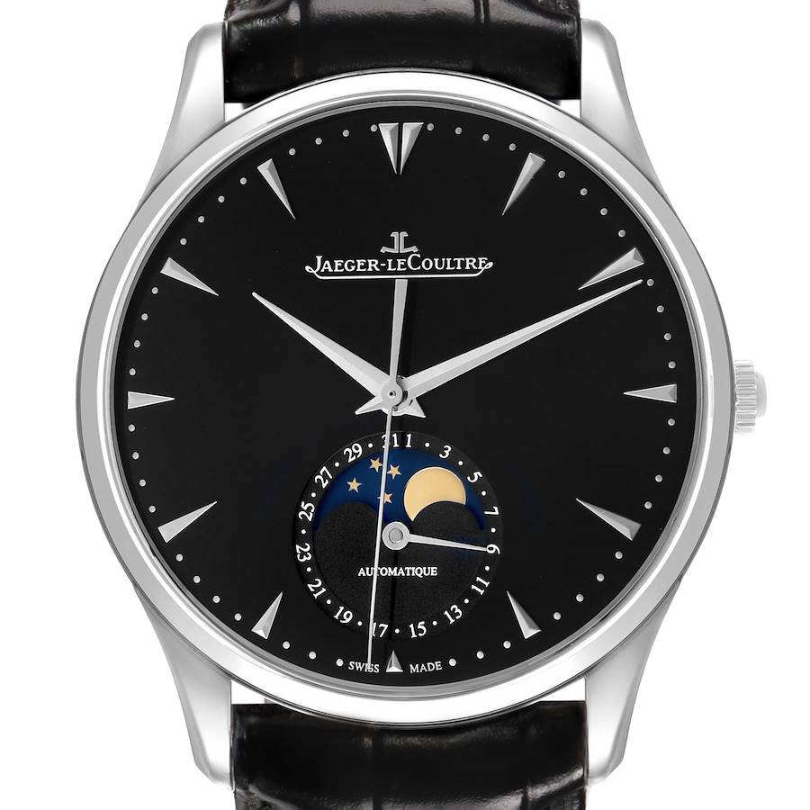 The Jaeger LeCoultre Master Q1368470 Men's Stainless Steel Black Dial watch is shown front-on, highlighting its dial, hands, moon phase, and date display.
