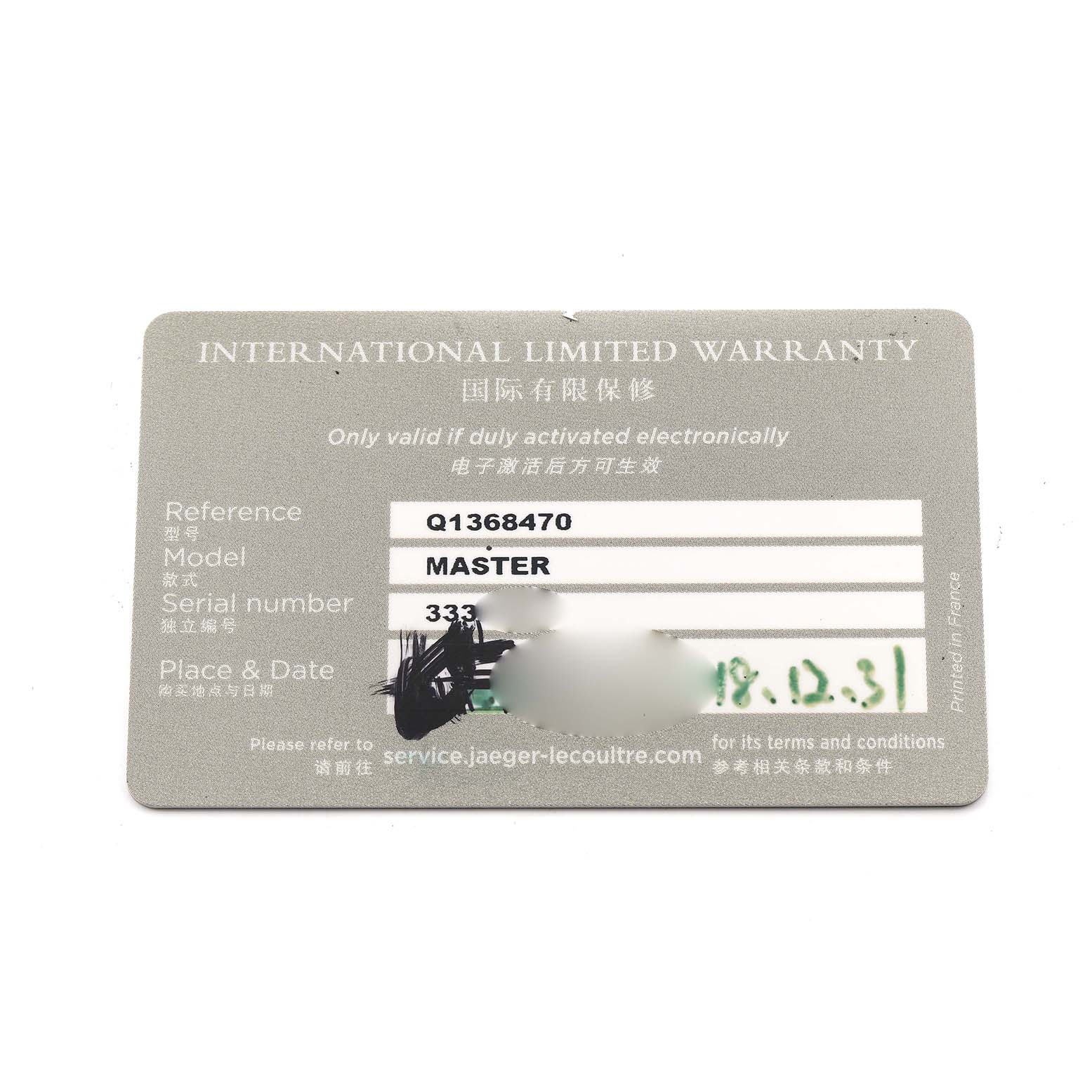 The image shows the warranty card for a Jaeger LeCoultre Master Q1368470 Men's Stainless Steel Black Dial model, including reference and serial numbers.