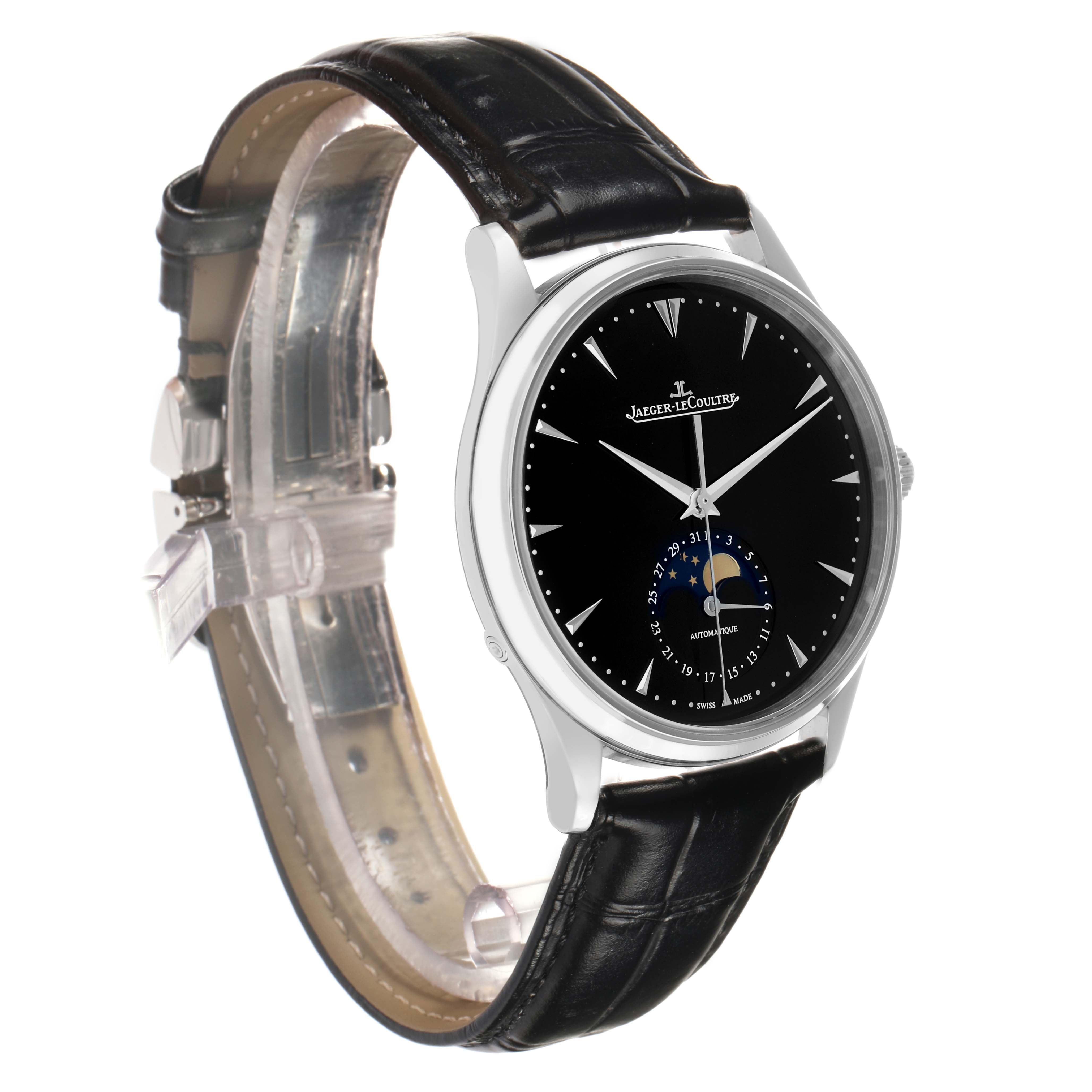 The Jaeger LeCoultre Master Q1368470 Men's Stainless Steel Black Dial watch is shown at a three-quarter angle, highlighting the dial, moon phase, and leather strap.