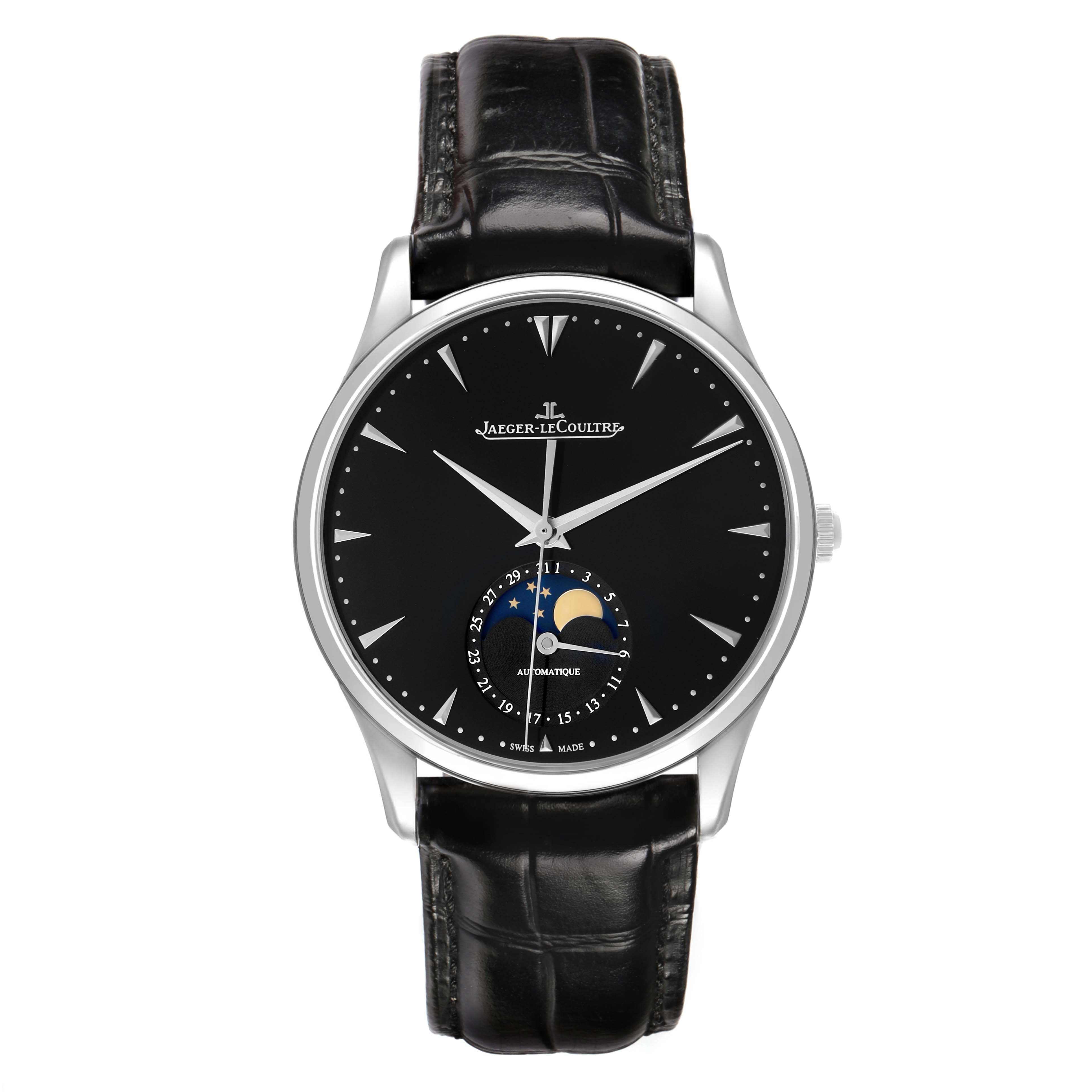 The Jaeger-LeCoultre Master watch is shown from a front angle, displaying the dial, hands, and moon phase feature.