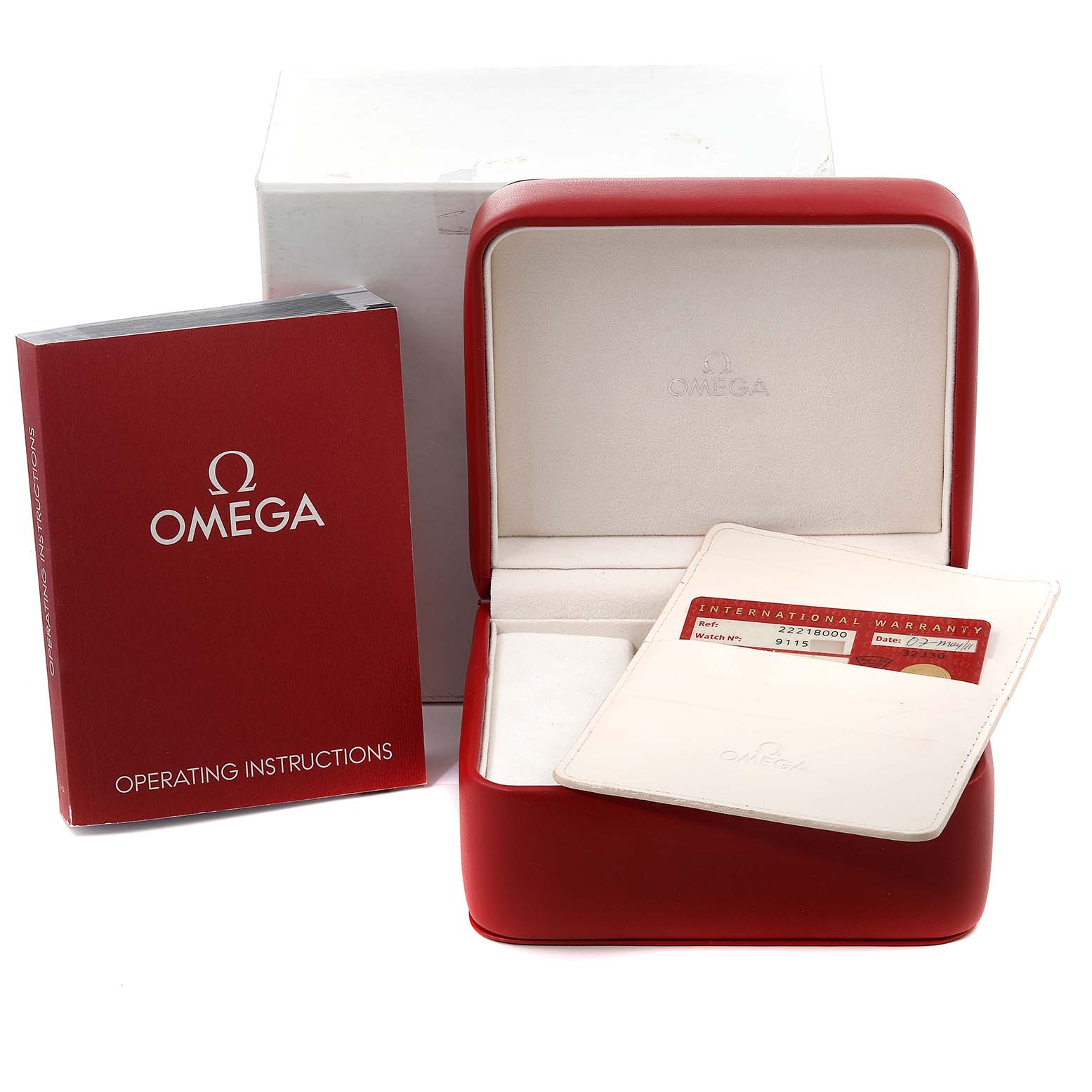 The image shows the Omega Seamaster 2221.80.00 Men
s Stainless Steel Blue Dial 2221.80.00 Men
s Stainless Steel Blue Dial watch box, operating instructions, and an international warranty card.