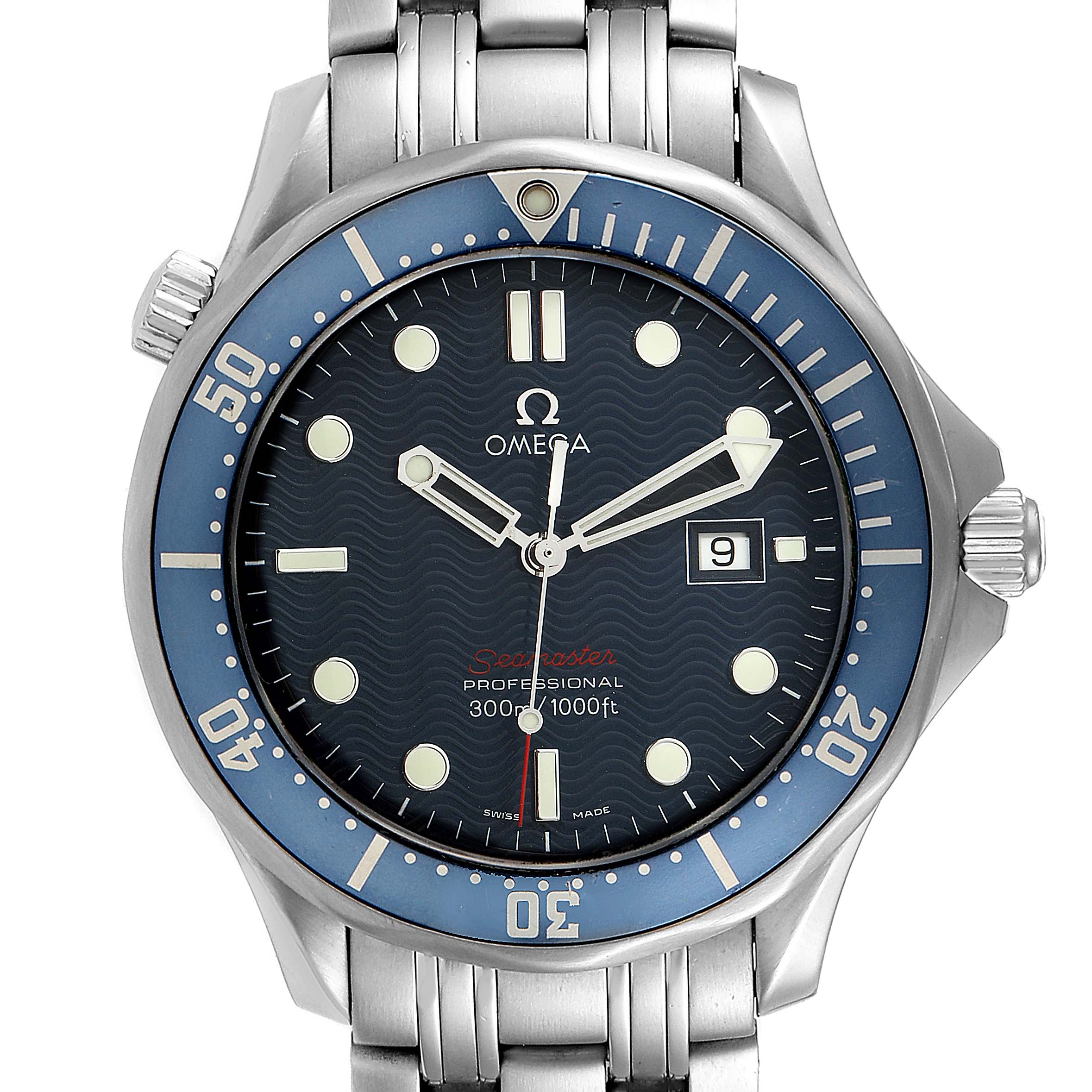 This image shows a front view of the Omega Seamaster 2221.80.00 Men
s Stainless Steel Blue Dial 2221.80.00 Men
s Stainless Steel Blue Dial watch, highlighting the dial, bezel, and bracelet.