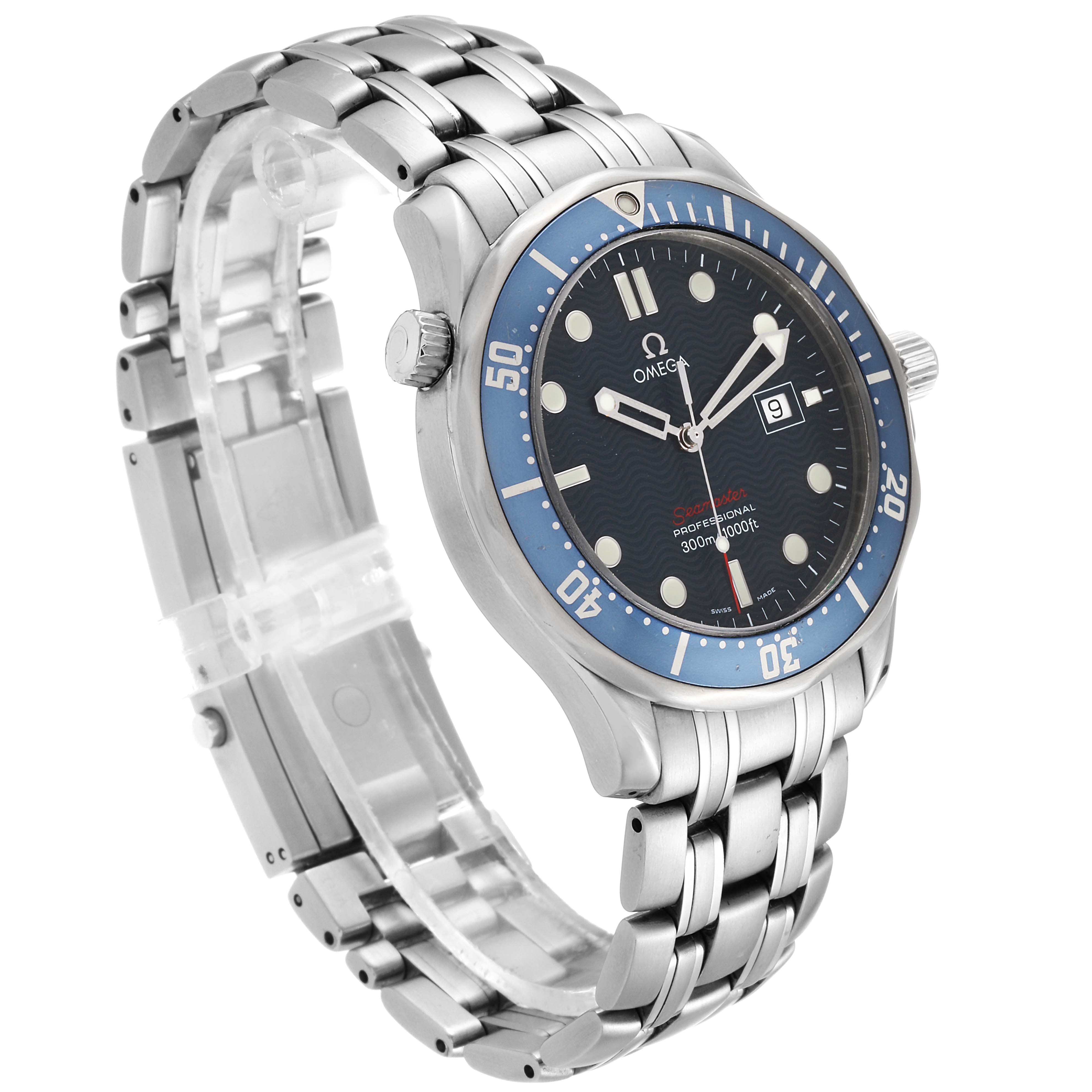 The Omega Seamaster 2221.80.00 Men
s Stainless Steel Blue Dial 2221.80.00 Men
s Stainless Steel Blue Dial watch is shown at an oblique angle highlighting its bezel, dial, date window, and stainless steel bracelet.