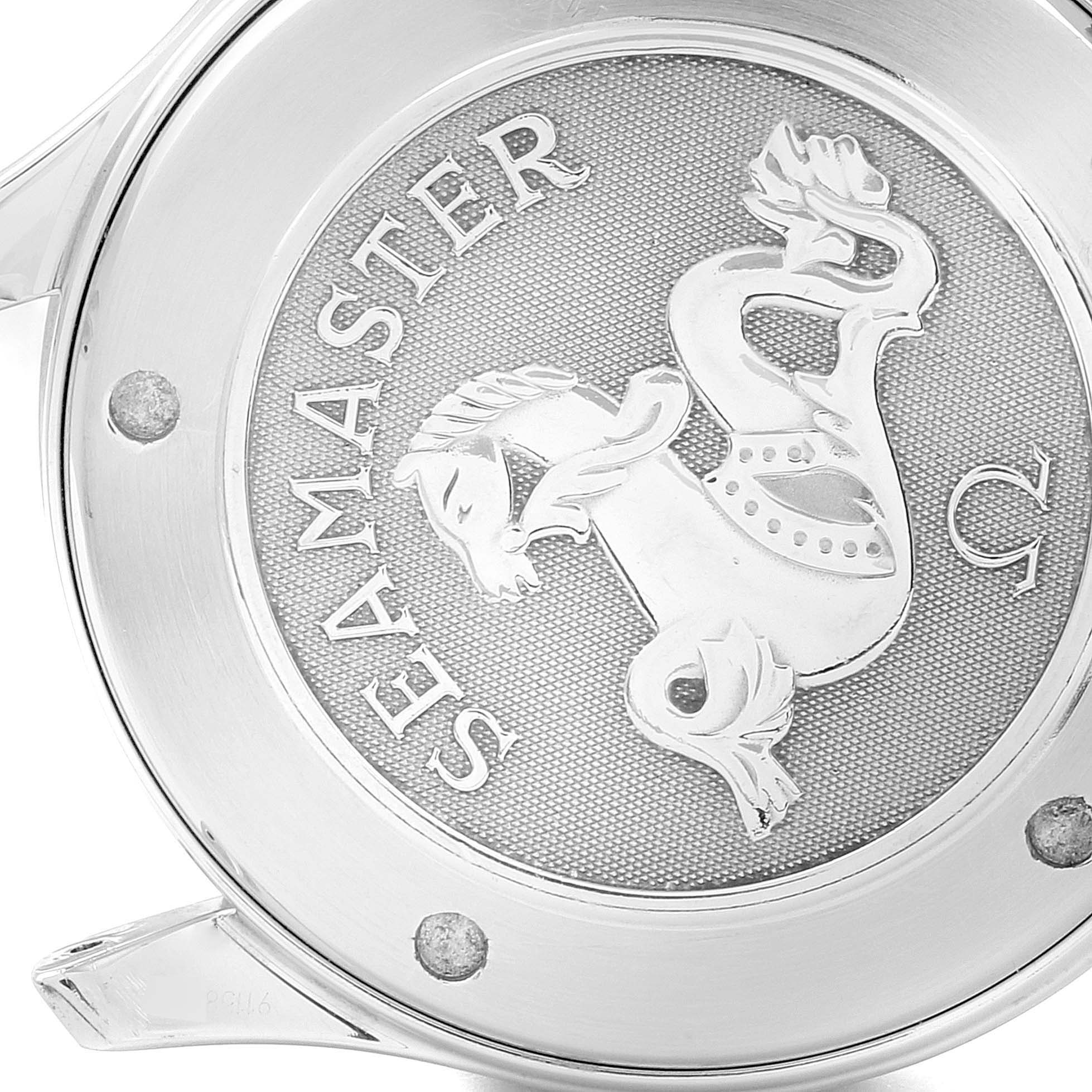 This image shows a close-up of the case back of an Omega Seamaster 2221.80.00 Men
s Stainless Steel Blue Dial 2221.80.00 Men
s Stainless Steel Blue Dial watch, highlighting the "Seamaster" engraving and emblem.