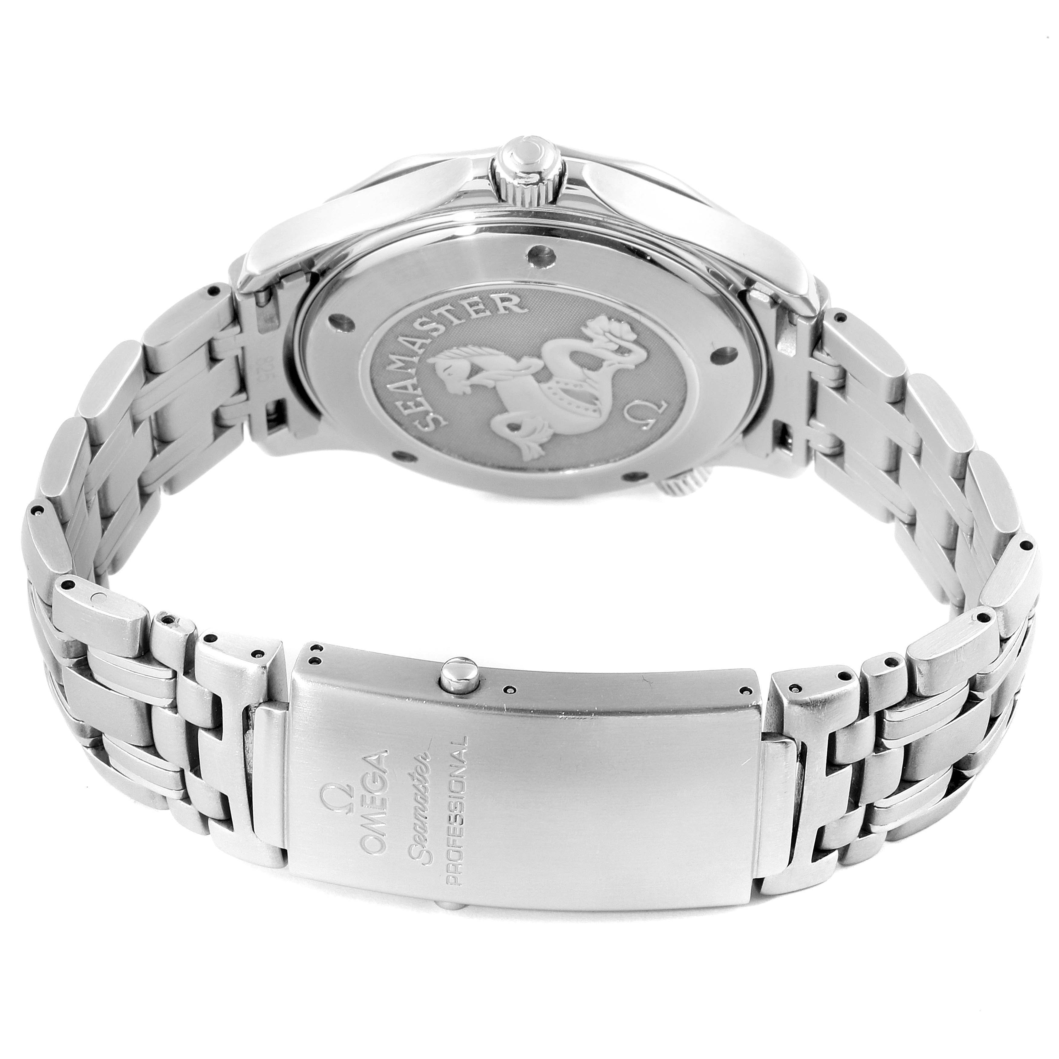 The image shows the back case and bracelet clasp of an Omega Seamaster 2221.80.00 Men
s Stainless Steel Blue Dial 2221.80.00 Men
s Stainless Steel Blue Dial watch.