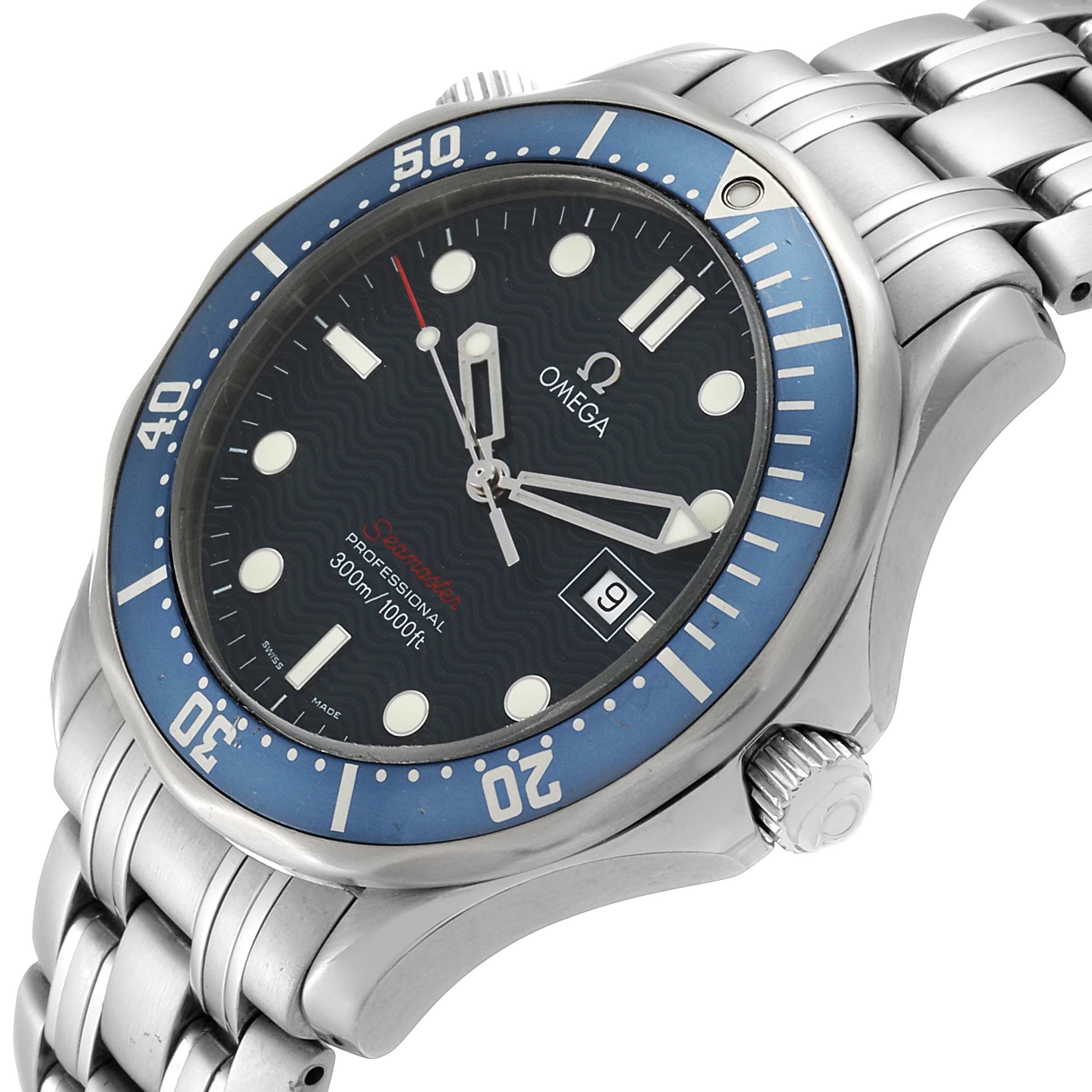The image shows an angled view of the Omega Seamaster 2221.80.00 Men
s Stainless Steel Blue Dial 2221.80.00 Men
s Stainless Steel Blue Dial watch, displaying its dial, bezel, and part of the metal bracelet.