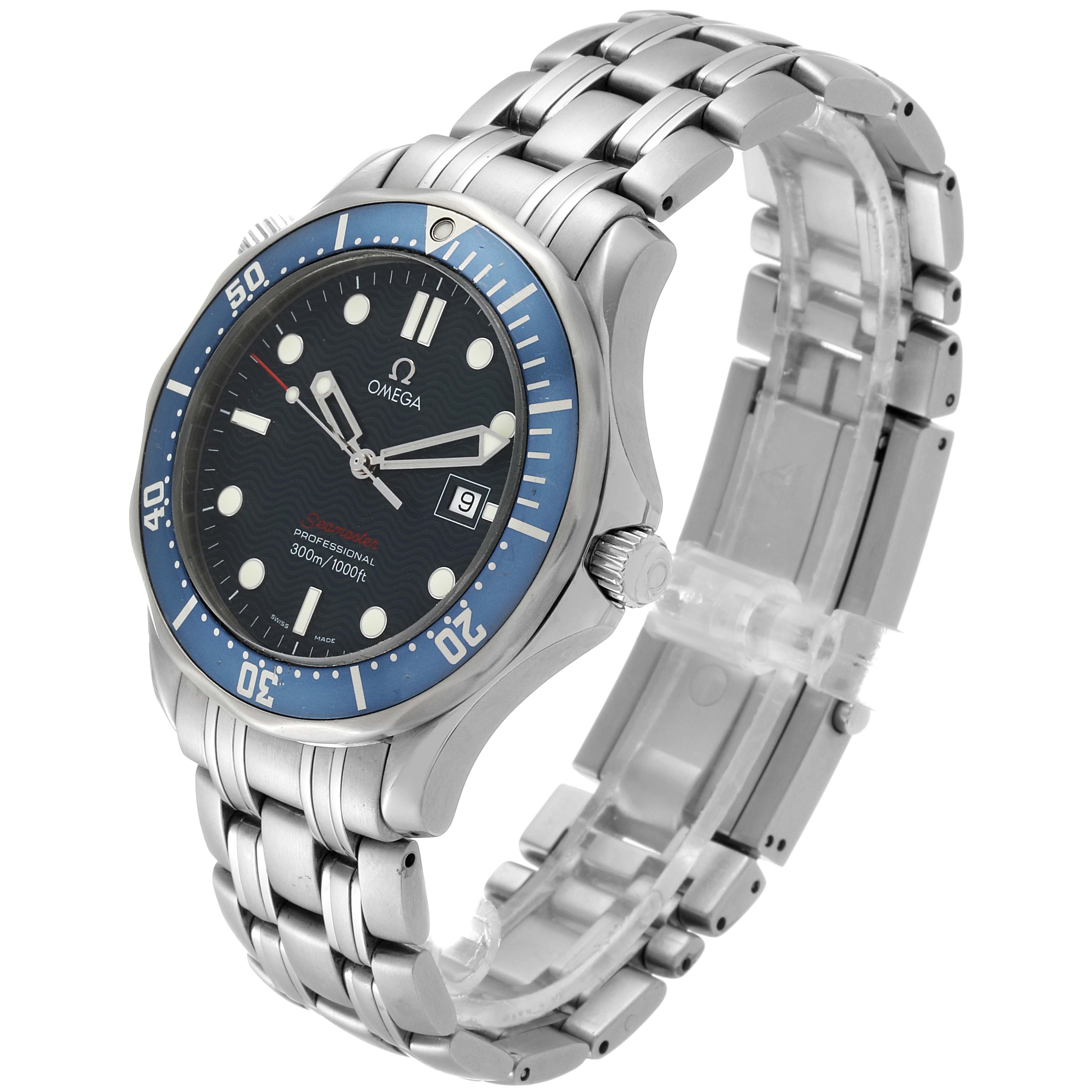 The Omega Seamaster 2221.80.00 Men
s Stainless Steel Blue Dial 2221.80.00 Men
s Stainless Steel Blue Dial watch is shown at an angled view, highlighting the face, bezel, crown, and stainless steel bracelet.