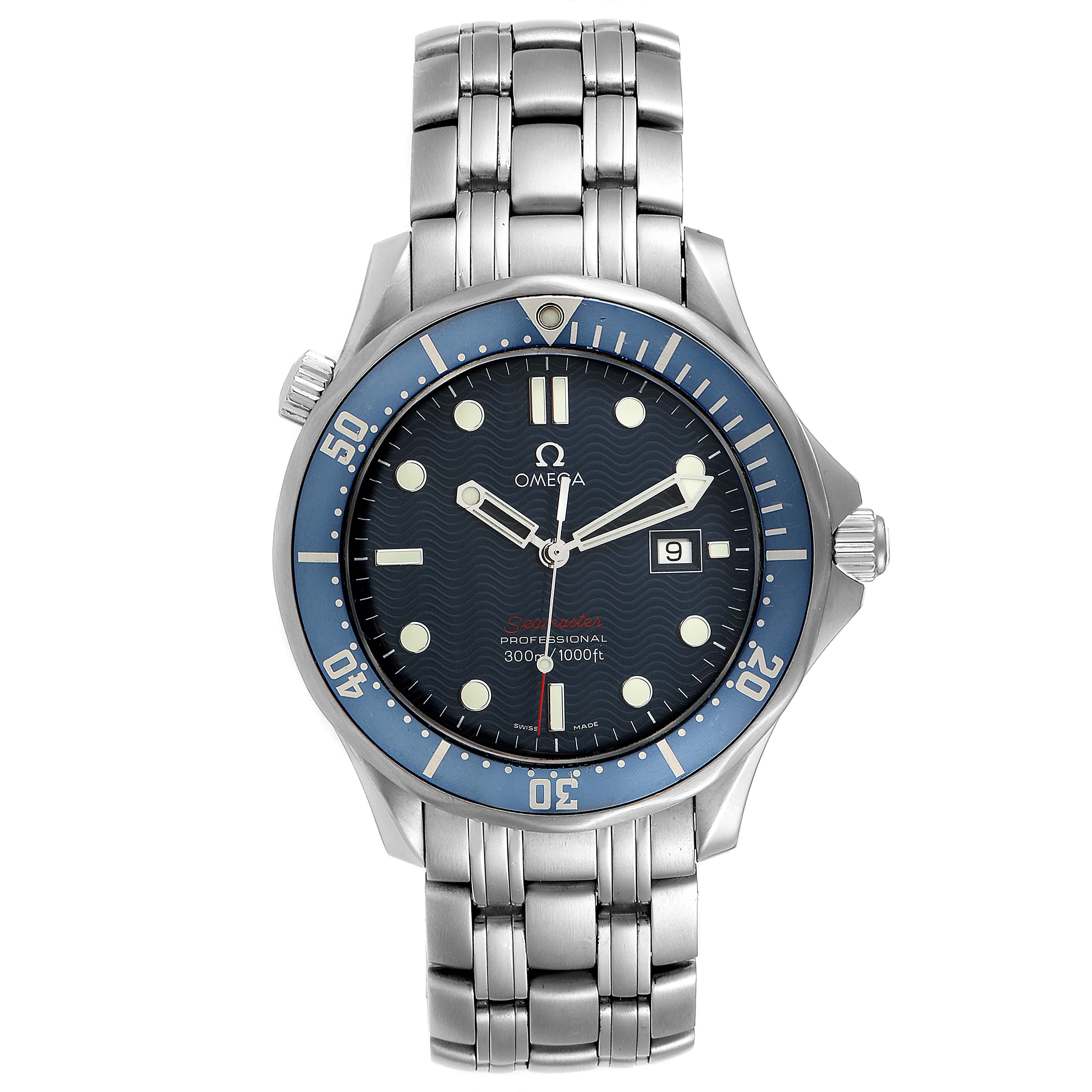The image shows a front view of an Omega Seamaster 2221.80.00 Men
s Stainless Steel Blue Dial 2221.80.00 Men
s Stainless Steel Blue Dial watch, highlighting the full dial, bezel, and stainless steel bracelet.