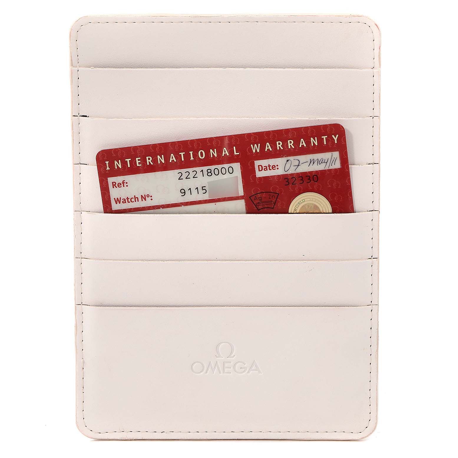 The image shows an Omega Seamaster 2221.80.00 Men
s Stainless Steel Blue Dial 2221.80.00 Men
s Stainless Steel Blue Dial warranty card in a cream-colored cardholder with the Omega logo.