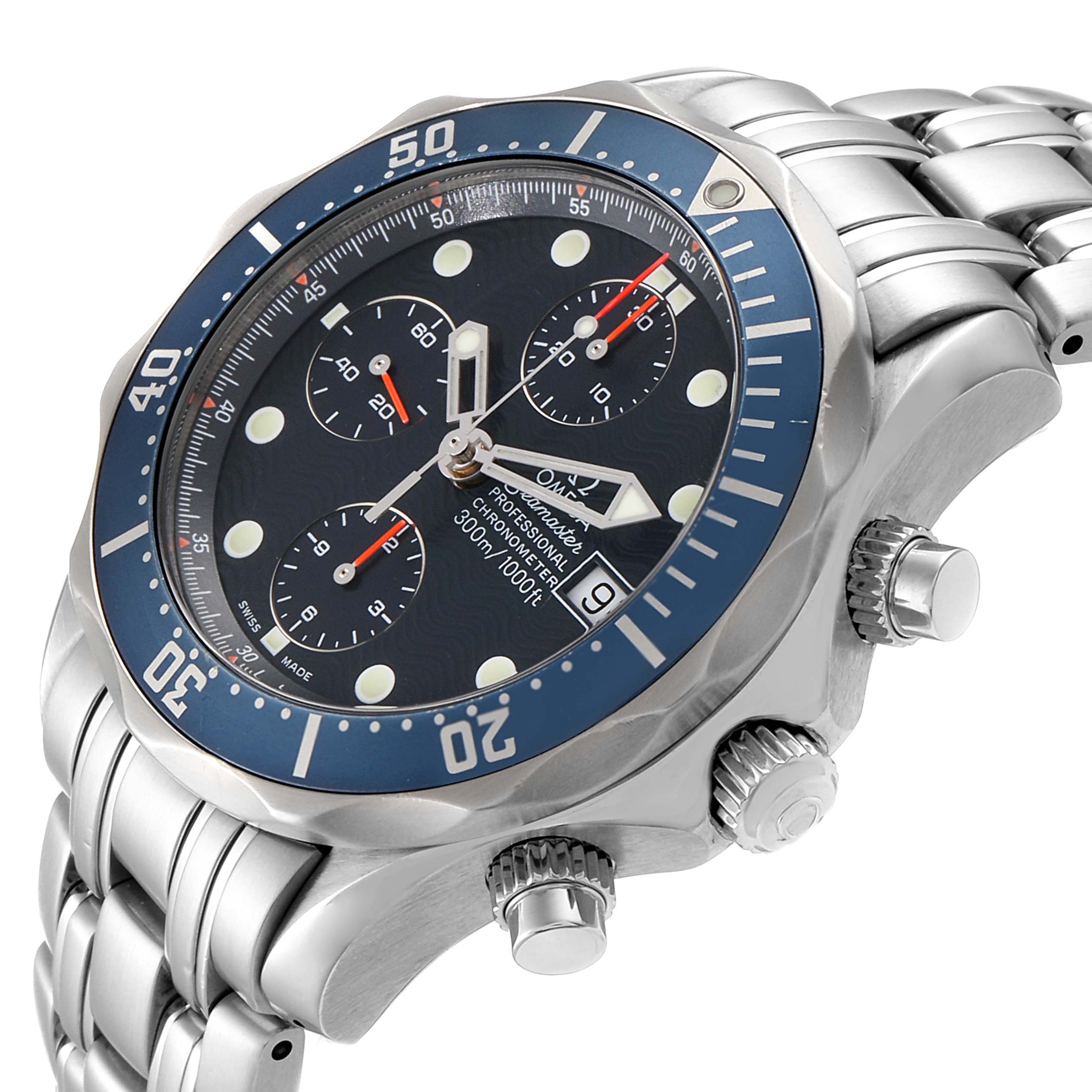 The image shows an Omega Seamaster 2599.80.00 Men
s Stainless Steel Blue Dial 2599.80.00 Men
s Stainless Steel Blue Dial watch from a three-quarter angle, displaying the face, bezel, crown, and part of the bracelet.