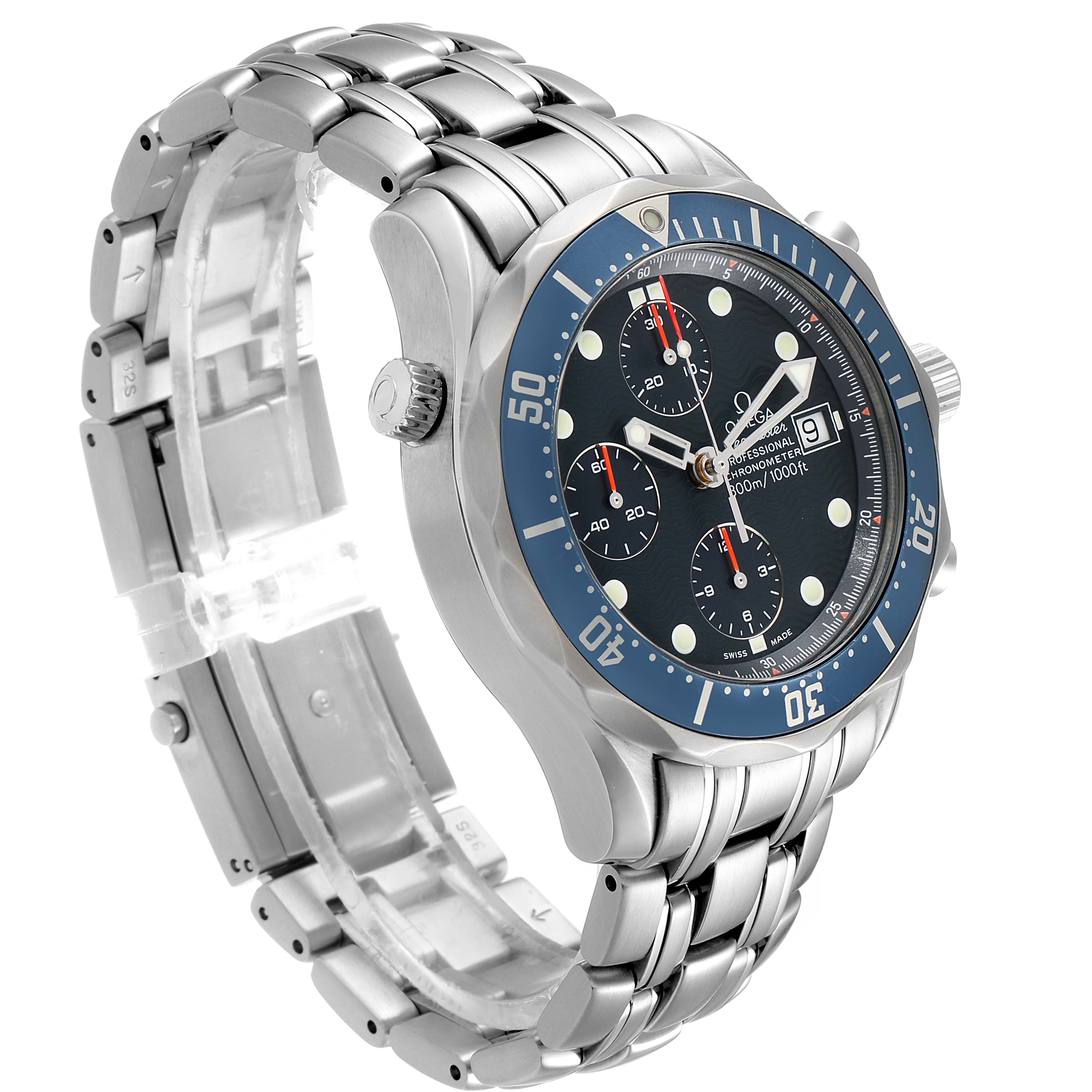 The image shows a side angle of the Omega Seamaster 2599.80.00 Men
s Stainless Steel Blue Dial 2599.80.00 Men
s Stainless Steel Blue Dial watch, highlighting its metal bracelet, bezel, crown, and face with chronographs.