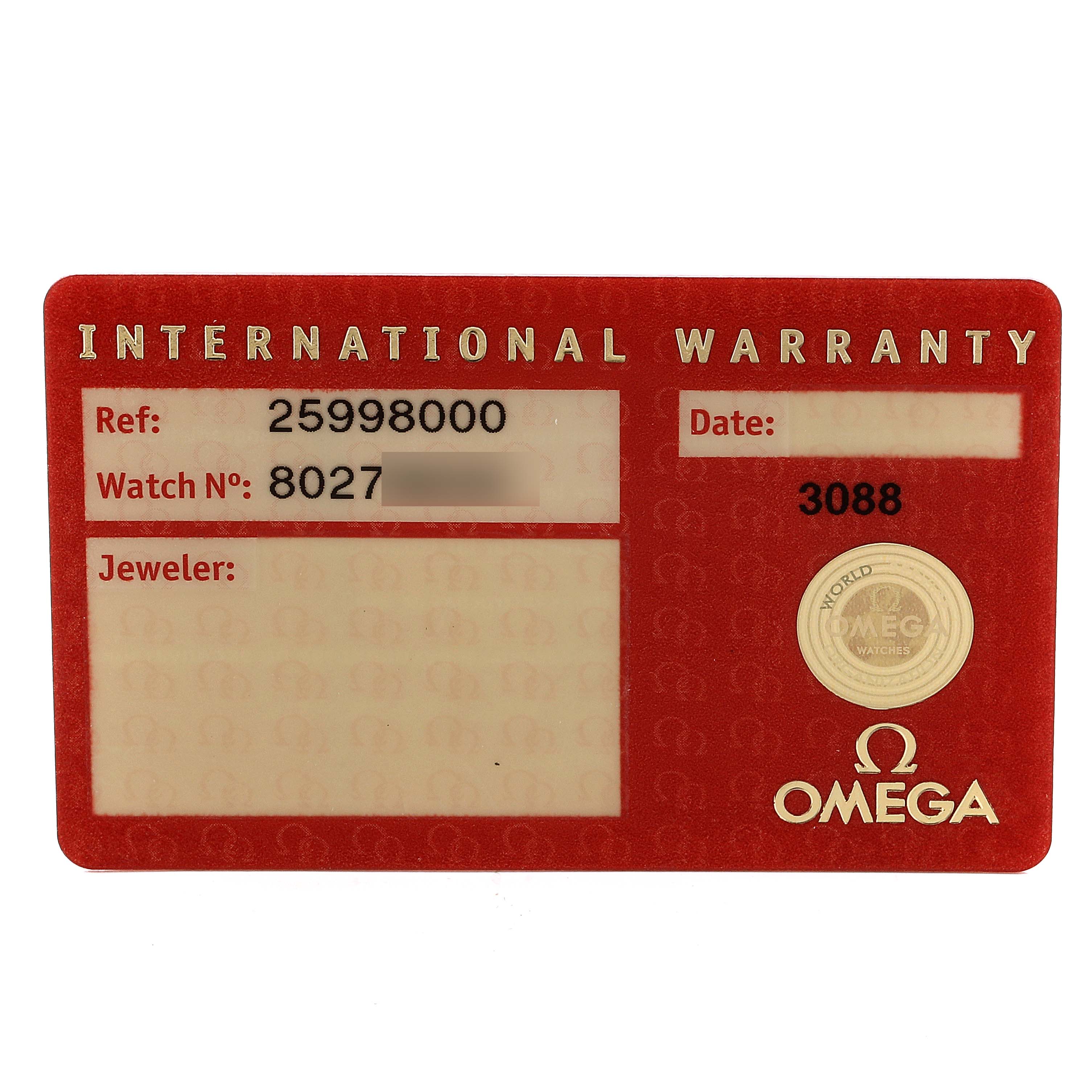 This image shows the international warranty card for an Omega Seamaster 2599.80.00 Men
s Stainless Steel Blue Dial 2599.80.00 Men
s Stainless Steel Blue Dial watch, including reference number, watch number, and retailer details.