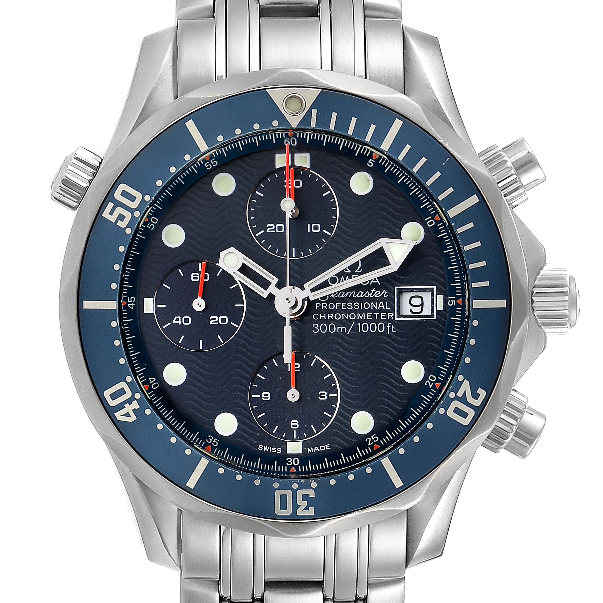 This image displays a front view of the Omega Seamaster 2599.80.00 Men
s Stainless Steel Blue Dial 2599.80.00 Men
s Stainless Steel Blue Dial watch, showing the face, bezel, crown, and chronograph buttons.