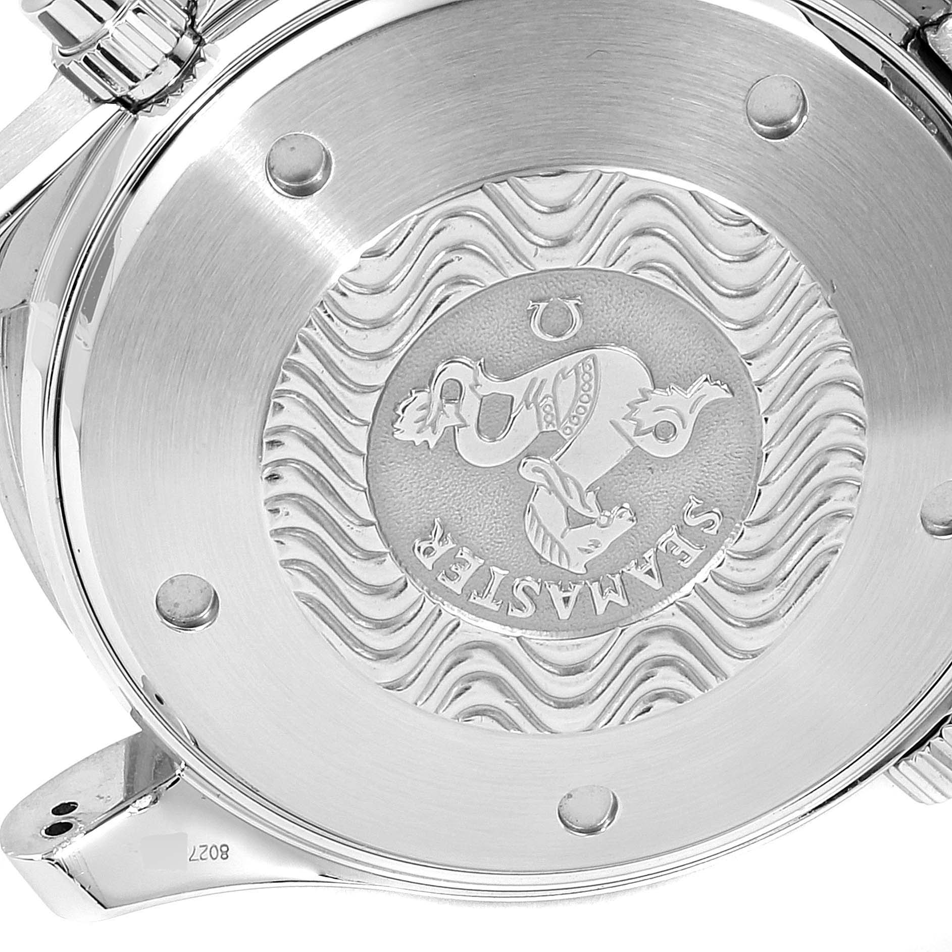 The image shows the engraved case back of an Omega Seamaster 2599.80.00 Men
s Stainless Steel Blue Dial 2599.80.00 Men
s Stainless Steel Blue Dial watch from an angled top view.