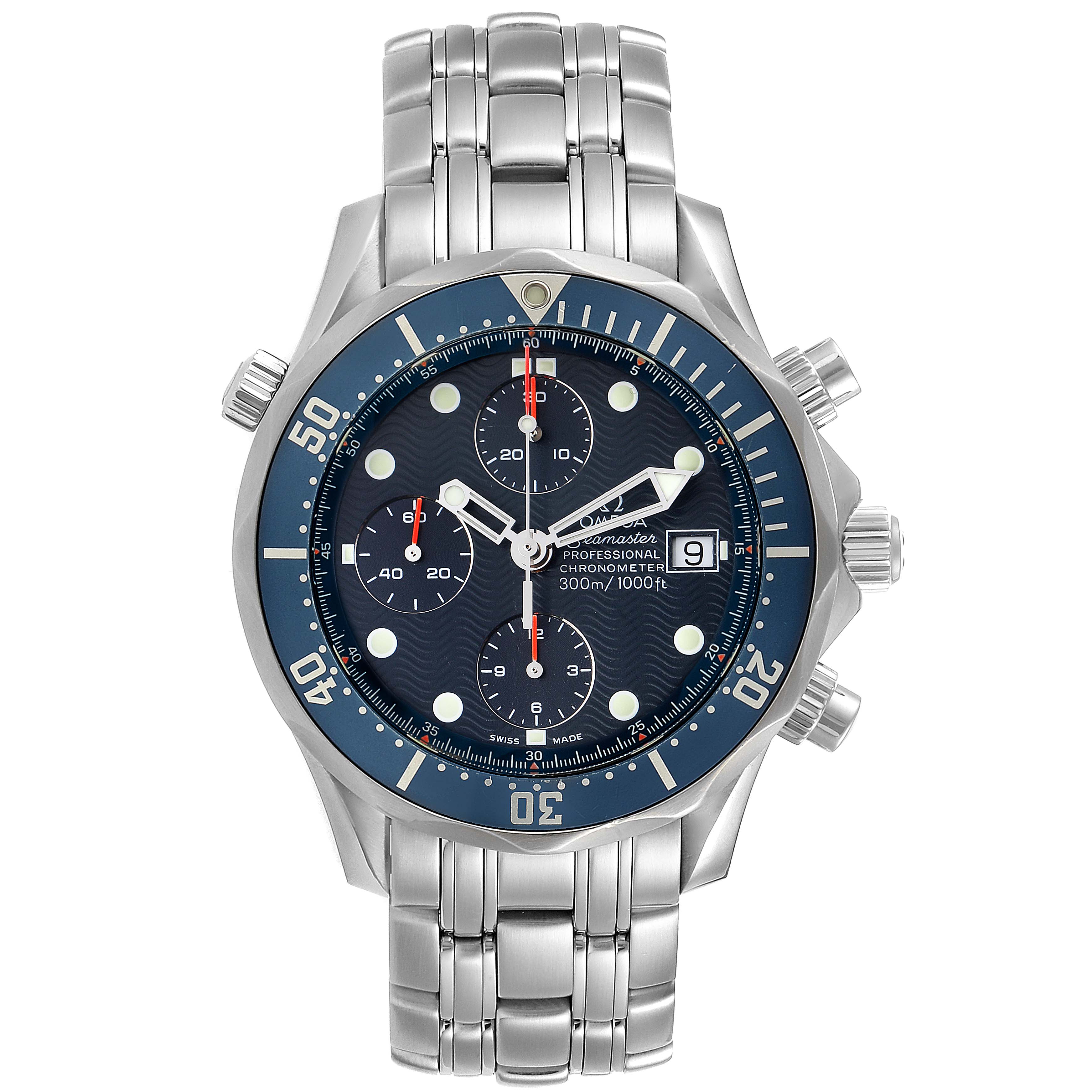 The image shows a front view of an Omega Seamaster 2599.80.00 Men
s Stainless Steel Blue Dial 2599.80.00 Men
s Stainless Steel Blue Dial watch, highlighting its dial, bezel, chronograph sub-dials, case, and bracelet.