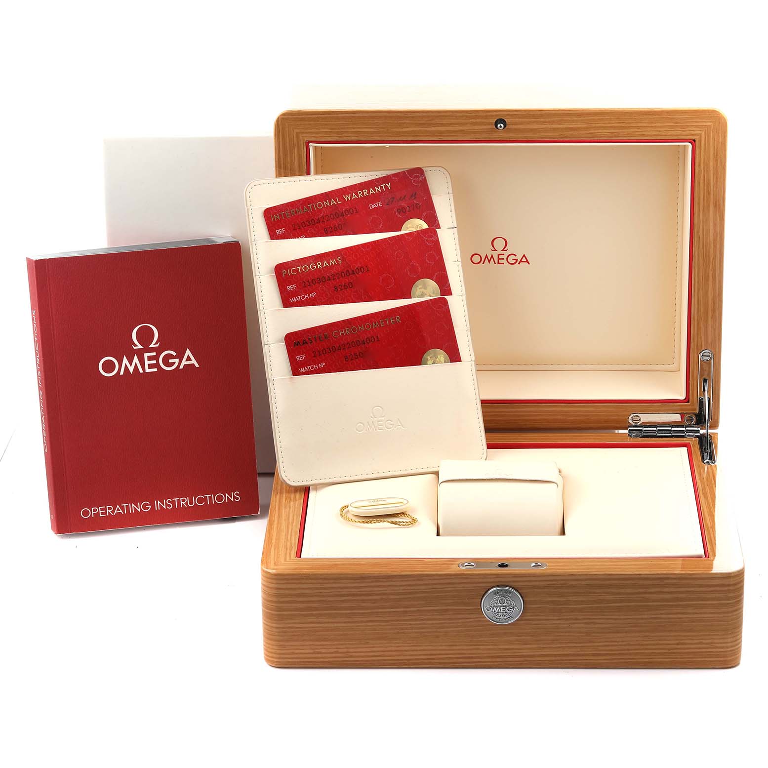 The image shows the Omega Seamaster 210.30.42.20.04.001 Men
s Stainless Steel White Dial 210.30.42.20.04.001 Men
s Stainless Steel White Dial packaging, warranty cards, and operating instructions booklet, with no watch visible.