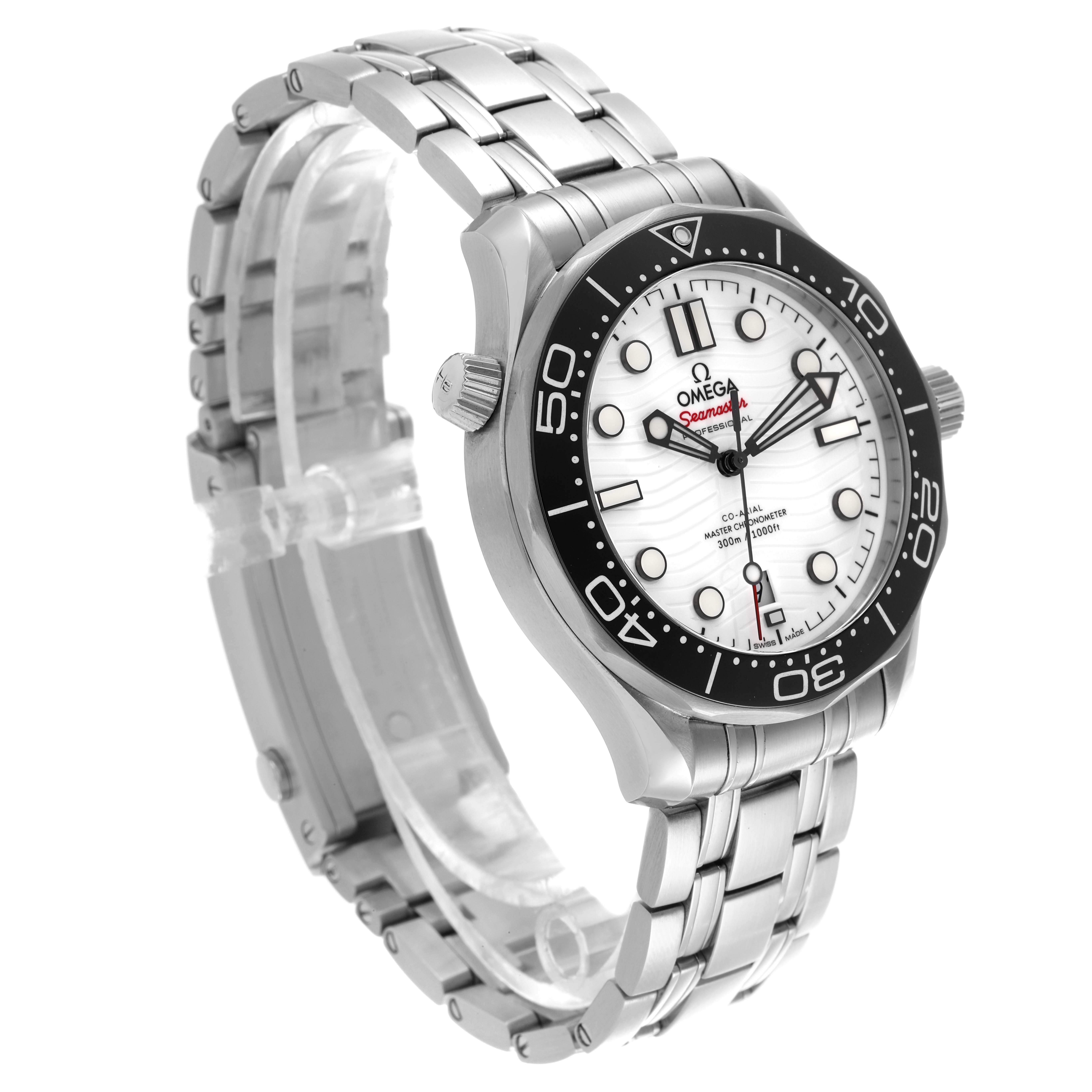 The Omega Seamaster 210.30.42.20.04.001 Men
s Stainless Steel White Dial 210.30.42.20.04.001 Men
s Stainless Steel White Dial watch is shown at a side angle, highlighting the dial, bezel, bracelet, and crown.