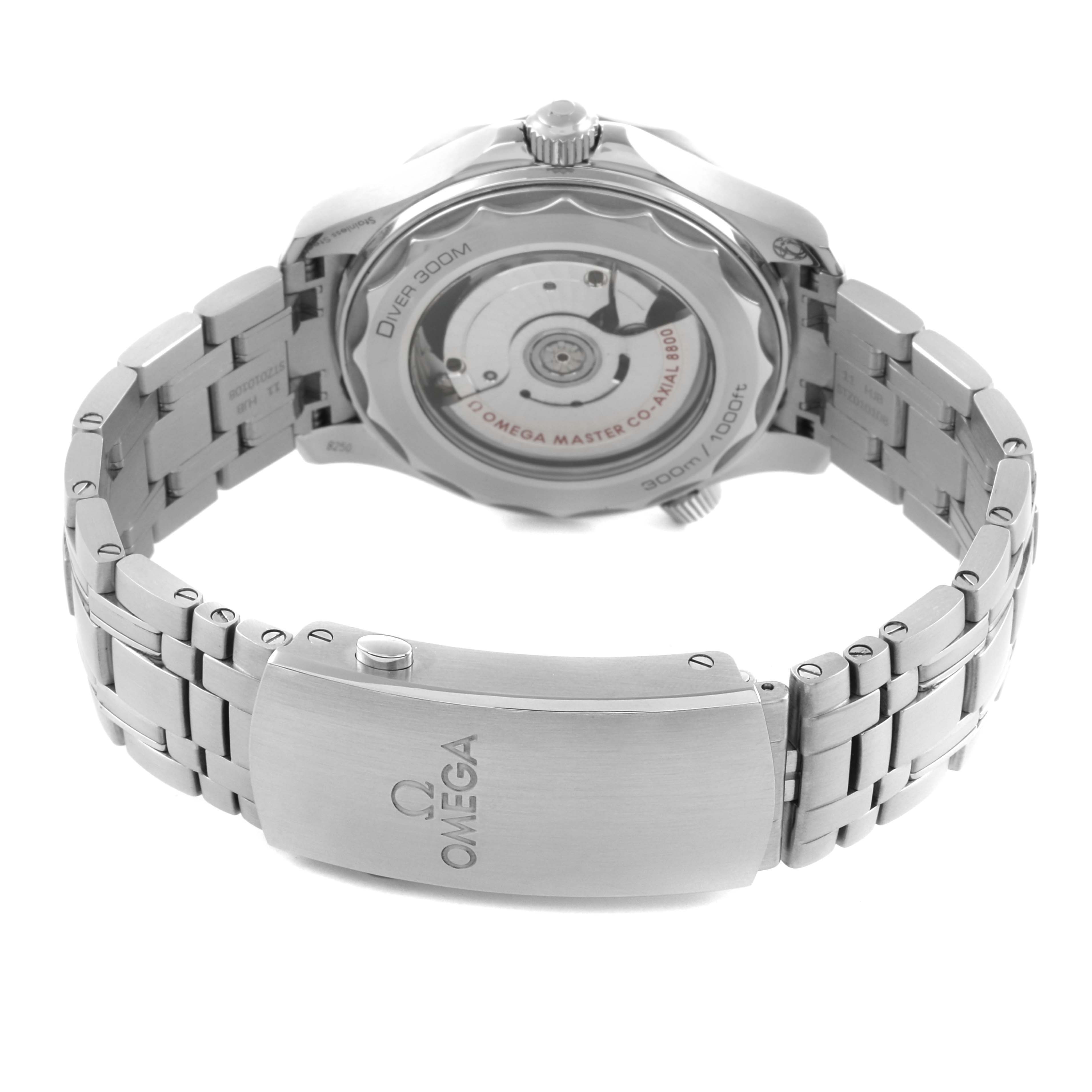 The Omega Seamaster 210.30.42.20.04.001 Men
s Stainless Steel White Dial 210.30.42.20.04.001 Men
s Stainless Steel White Dial watch is shown from the rear, highlighting the bracelet and transparent case back.