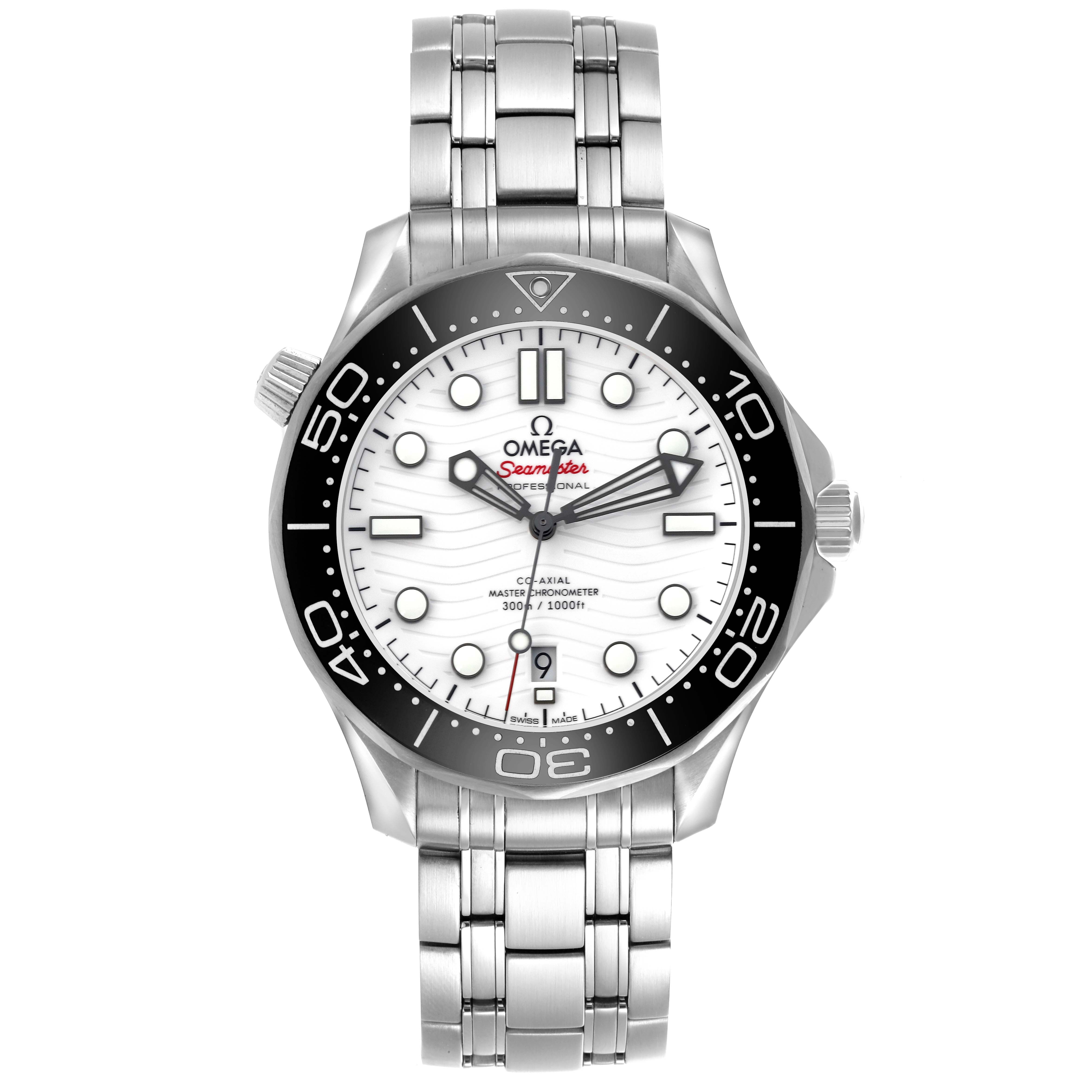 The Omega Seamaster 210.30.42.20.04.001 Men
s Stainless Steel White Dial 210.30.42.20.04.001 Men
s Stainless Steel White Dial watch is shown from a front view featuring the dial, bezel, case, and bracelet.