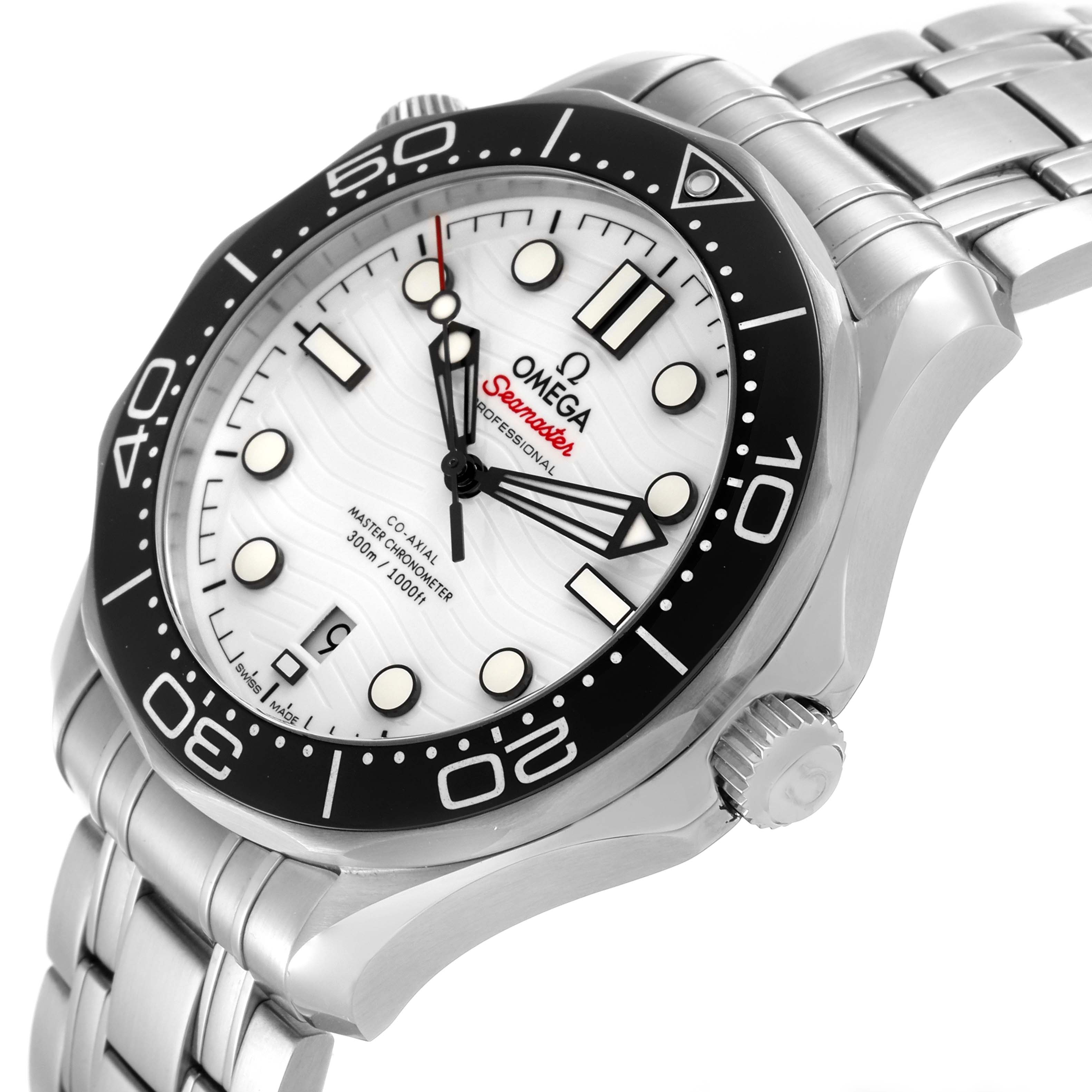 The Omega Seamaster 210.30.42.20.04.001 Men
s Stainless Steel White Dial 210.30.42.20.04.001 Men
s Stainless Steel White Dial watch is shown from a slightly angled side, highlighting the bezel, crown, bracelet, and dial details.
