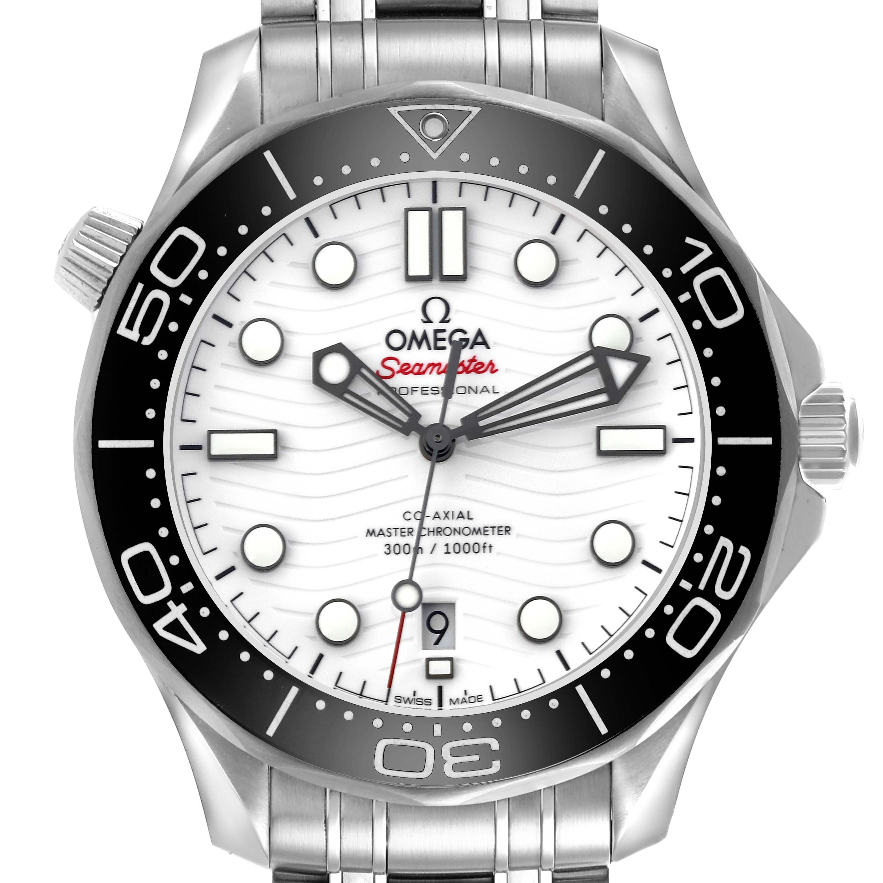 The Omega Seamaster 210.30.42.20.04.001 Men
s Stainless Steel White Dial 210.30.42.20.04.001 Men
s Stainless Steel White Dial watch is shown from the front, highlighting the dial, bezel, and bracelet.