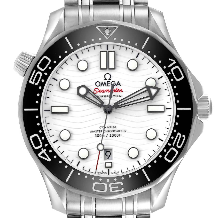 The Omega Seamaster watch is shown from the front, highlighting the dial, bezel, and bracelet.