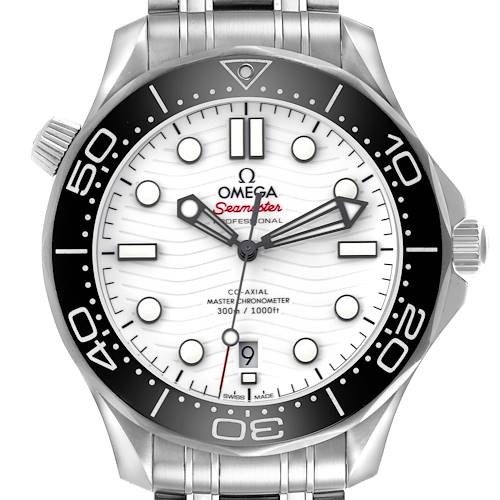 The Omega Seamaster watch is shown from a front angle, displaying the dial, bezel, and part of the bracelet.