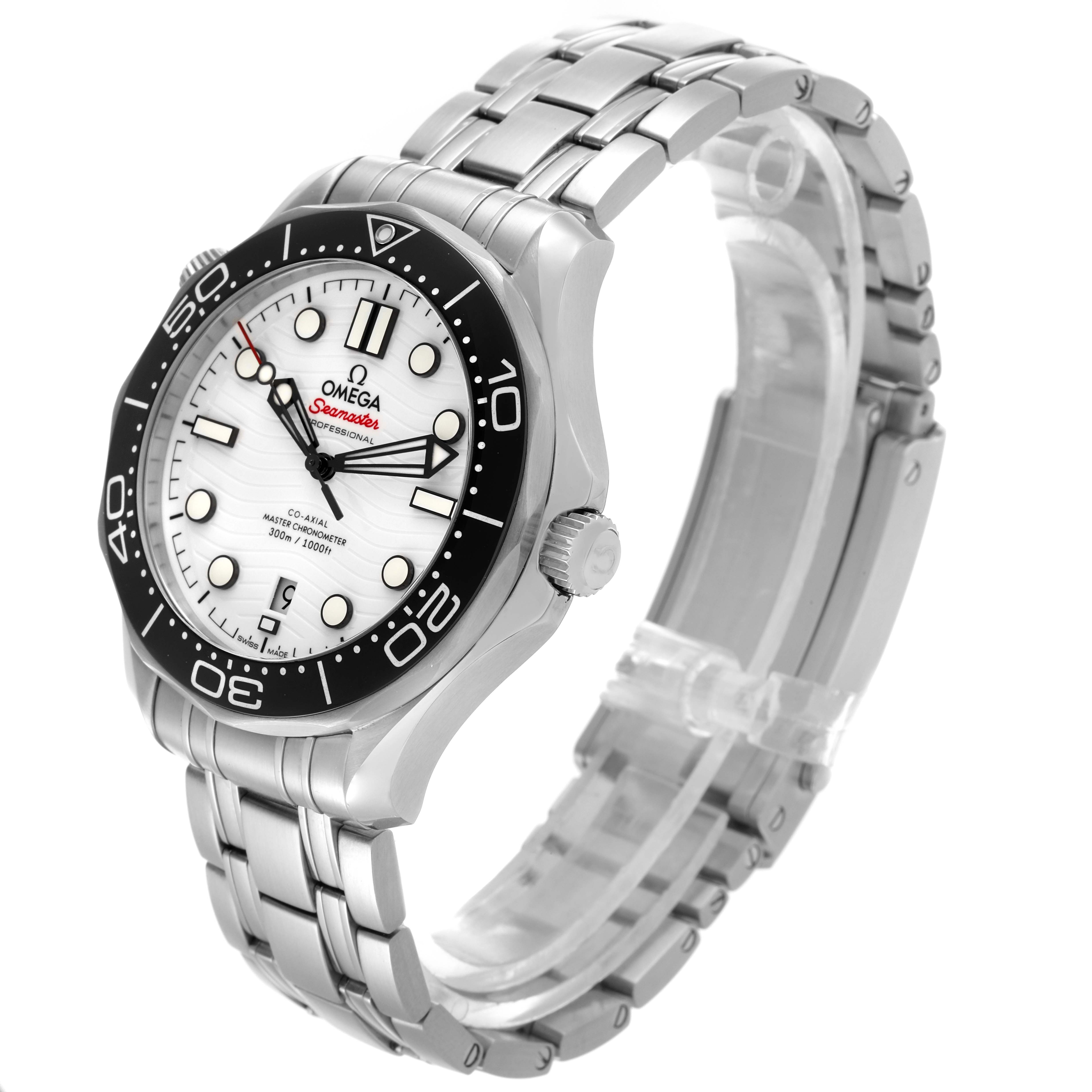 The Omega Seamaster 210.30.42.20.04.001 Men
s Stainless Steel White Dial 210.30.42.20.04.001 Men
s Stainless Steel White Dial watch is shown at a slight angle, displaying the face, bezel, crown, and metal bracelet.