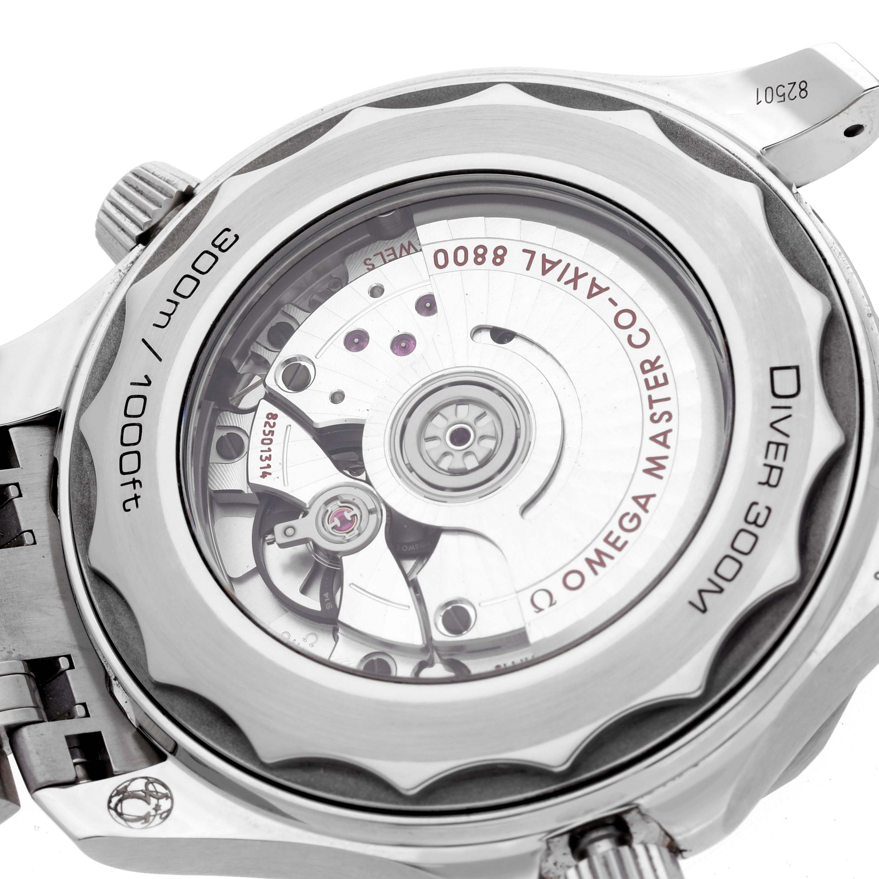 The image shows the back view of an Omega Seamaster 210.30.42.20.04.001 Men
s Stainless Steel White Dial 210.30.42.20.04.001 Men
s Stainless Steel White Dial, highlighting the movement and case details.