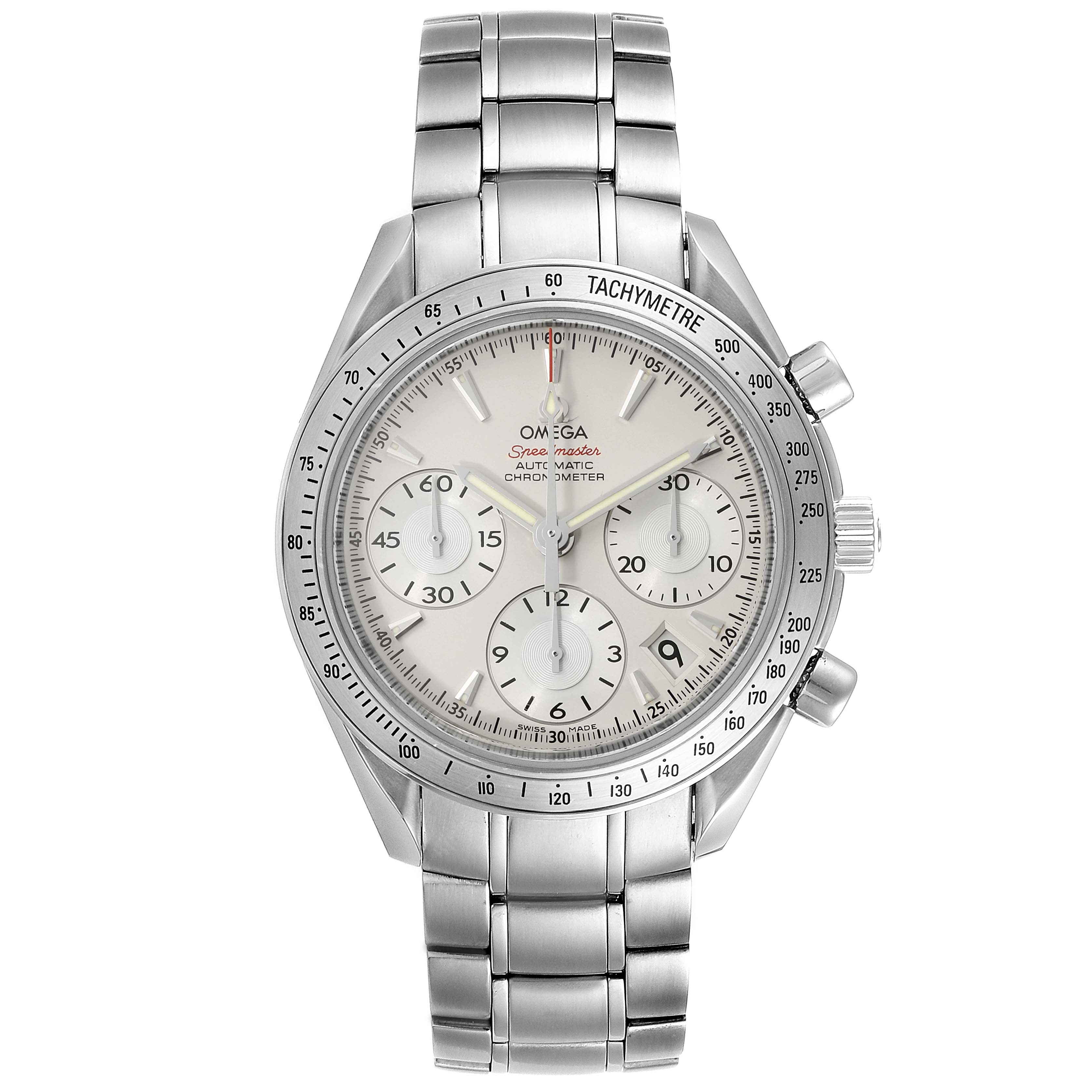 This Omega Speedmaster 323.10.40.40.02.001 Men
s Stainless Steel Silver Dial 323.10.40.40.02.001 Men
s Stainless Steel Silver Dial watch is shown from a frontal angle, highlighting its dial, subdials, and stainless steel bracelet.
