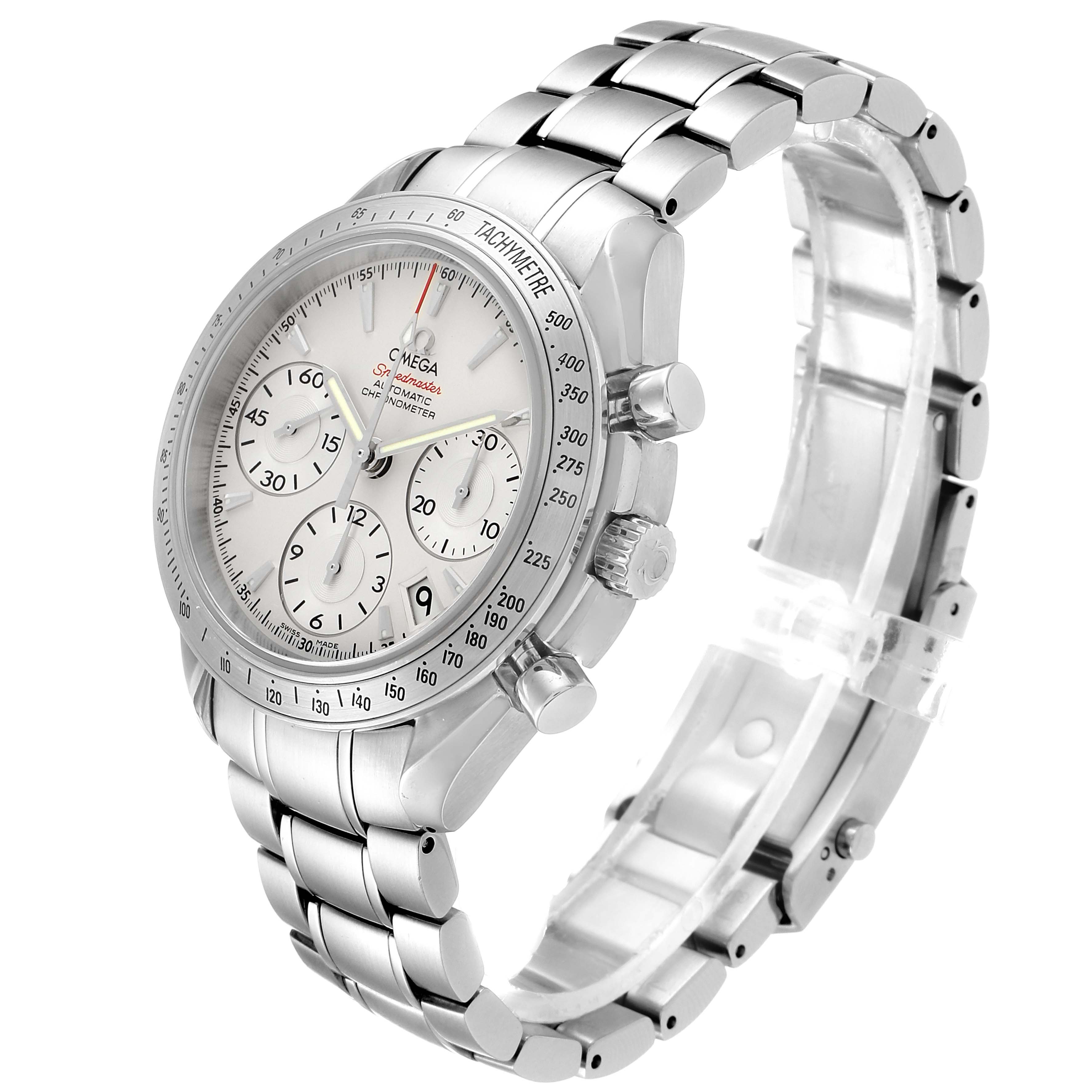 The image shows an angled view of an Omega Speedmaster 323.10.40.40.02.001 Men
s Stainless Steel Silver Dial 323.10.40.40.02.001 Men
s Stainless Steel Silver Dial watch, highlighting its face, bezel, pushers, crown, and bracelet.