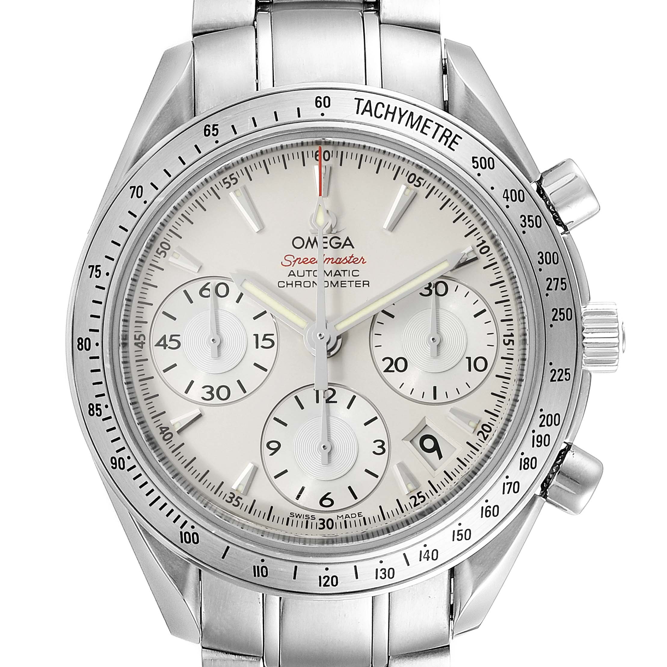 The image shows a front view of an Omega Speedmaster 323.10.40.40.02.001 Men
s Stainless Steel Silver Dial 323.10.40.40.02.001 Men
s Stainless Steel Silver Dial watch, highlighting the dial, subdials, bezel, tachymeter, and crown.