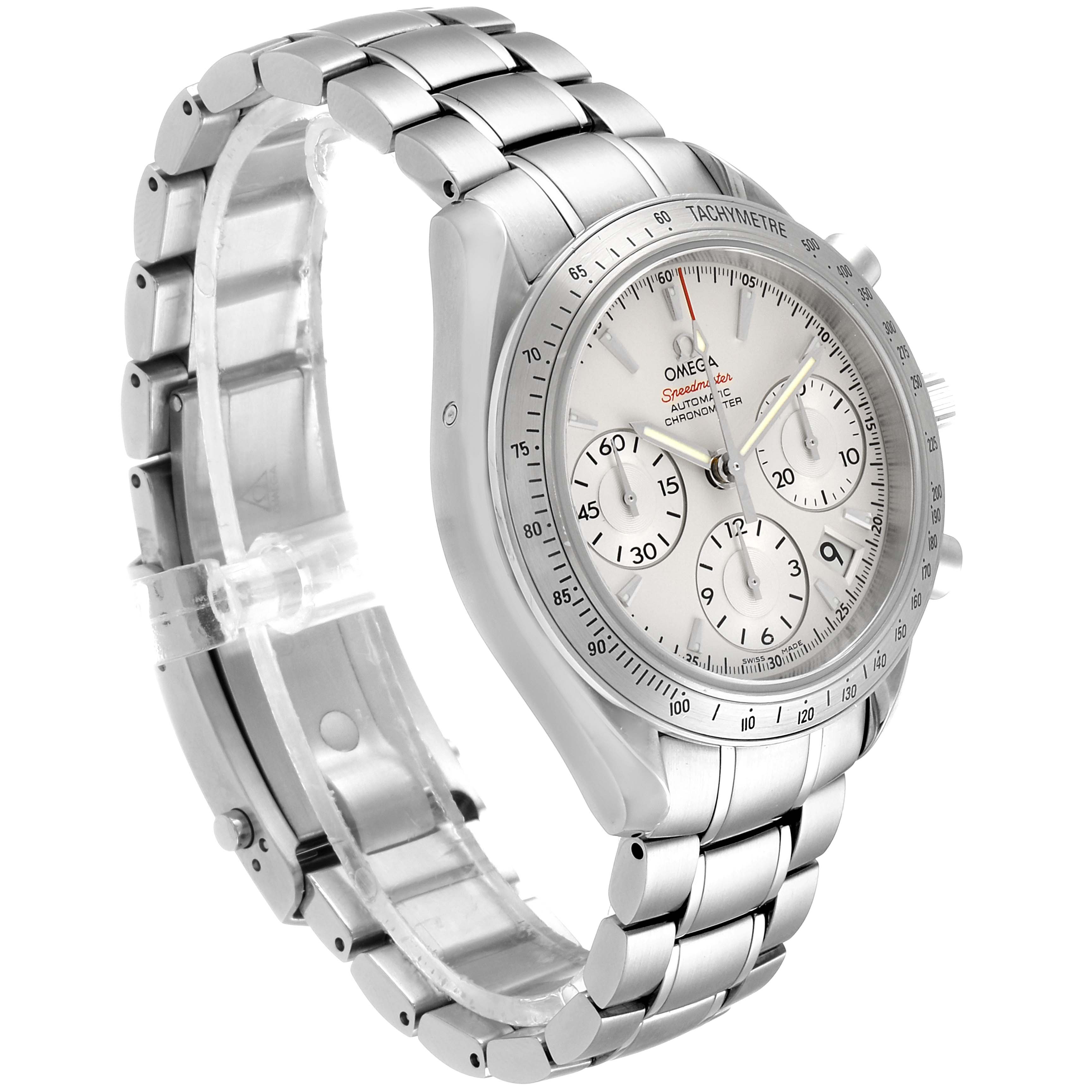 The Omega Speedmaster 323.10.40.40.02.001 Men
s Stainless Steel Silver Dial 323.10.40.40.02.001 Men
s Stainless Steel Silver Dial watch is shown at a three-quarter angle, displaying the bracelet, case, and tachymeter bezel.