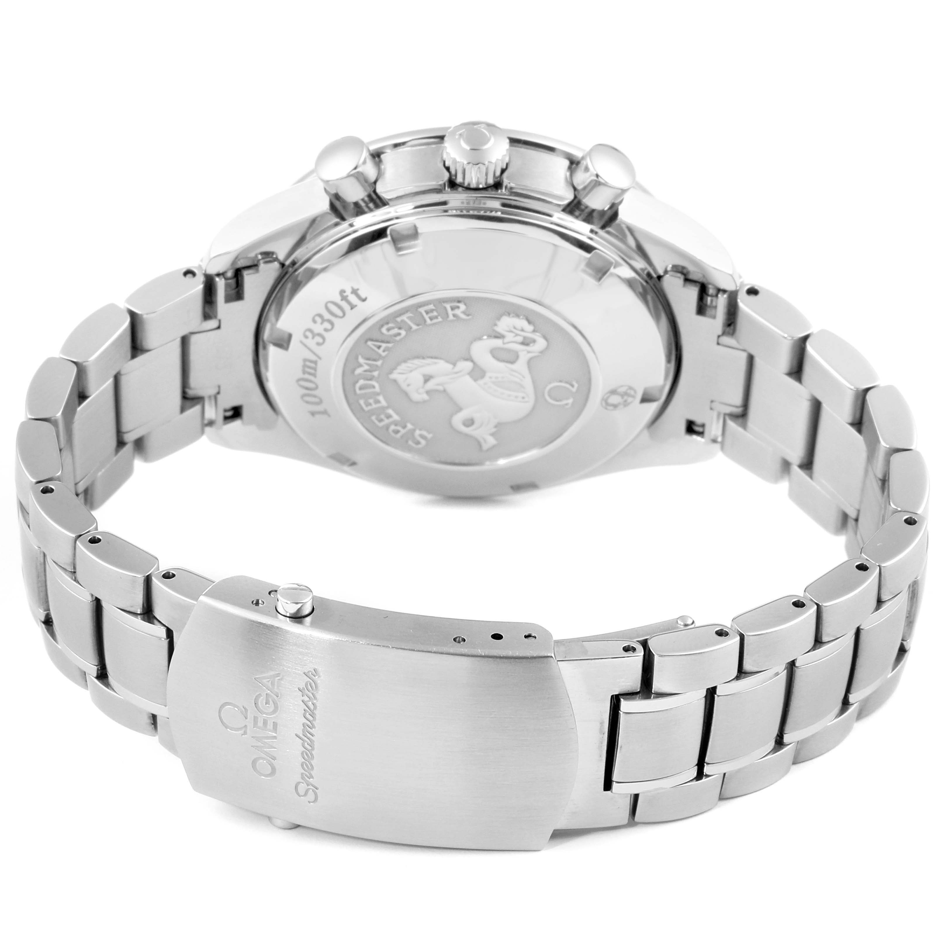 The image shows the back and bracelet clasp of an Omega Speedmaster 323.10.40.40.02.001 Men
s Stainless Steel Silver Dial 323.10.40.40.02.001 Men
s Stainless Steel Silver Dial watch, focusing on the case back and deployment clasp.